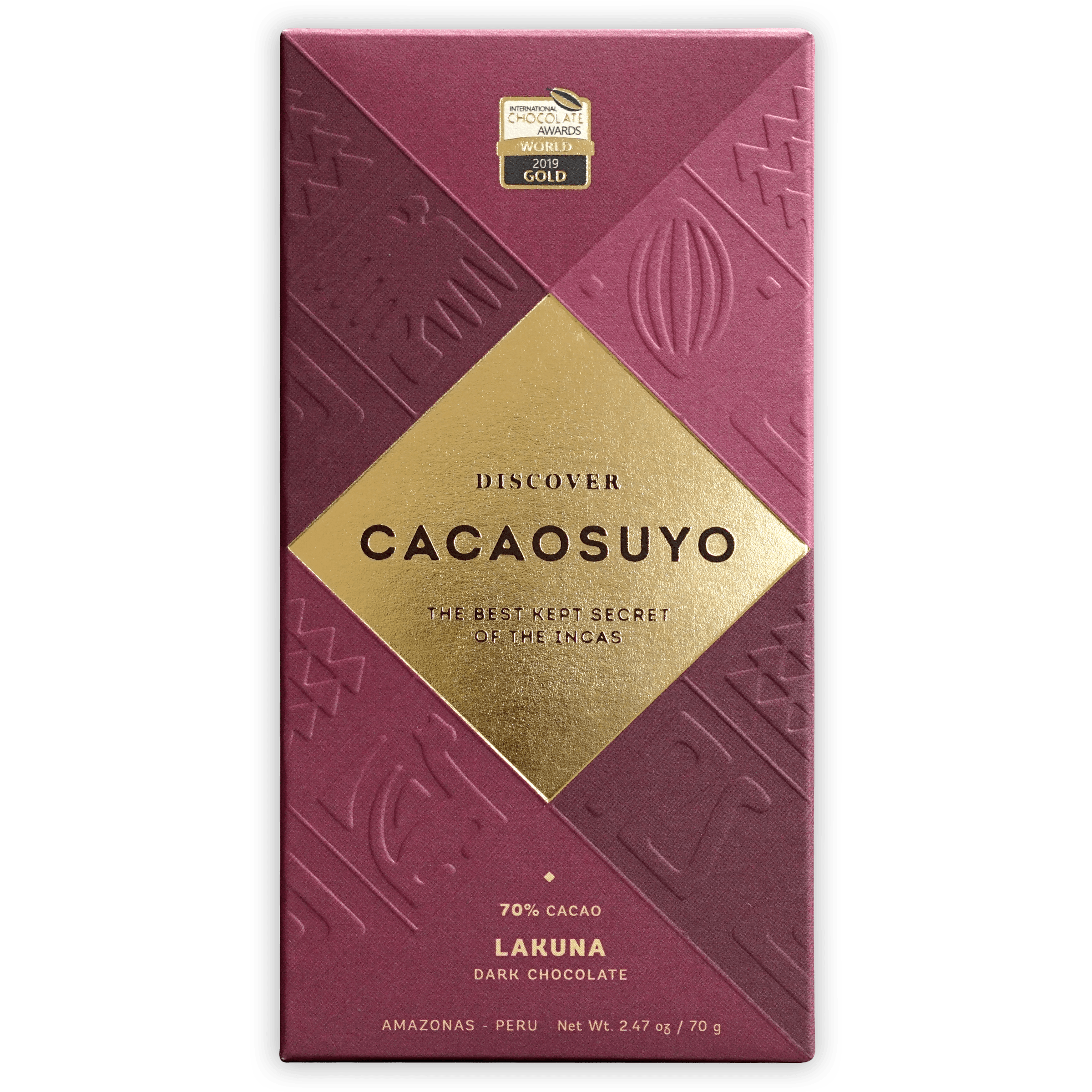 Cacaosuyo Lakuna 70% maroon gold foil bar with 2019 gold award