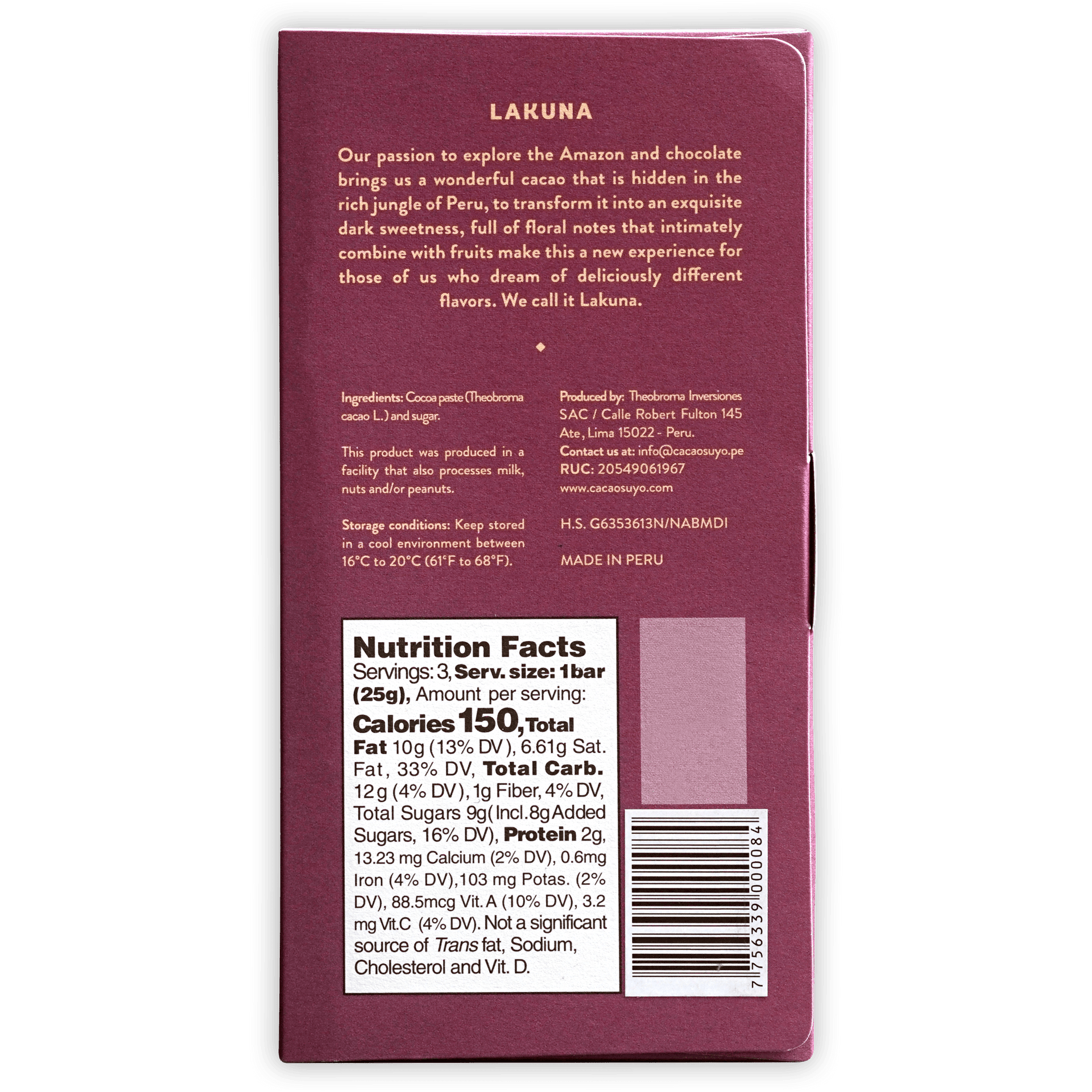 Cacaosuyo Lakuna 70% maroon matte rectangular chocolate bar packaging
