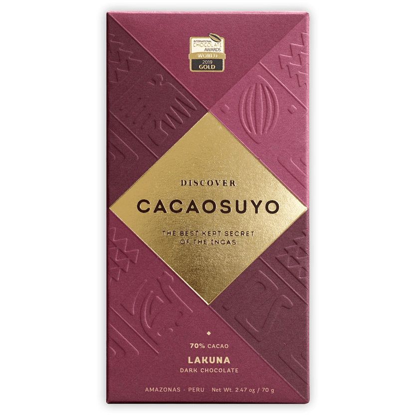 Cacaosuyo Lakuna 70% maroon gold foil bar with 2019 gold award