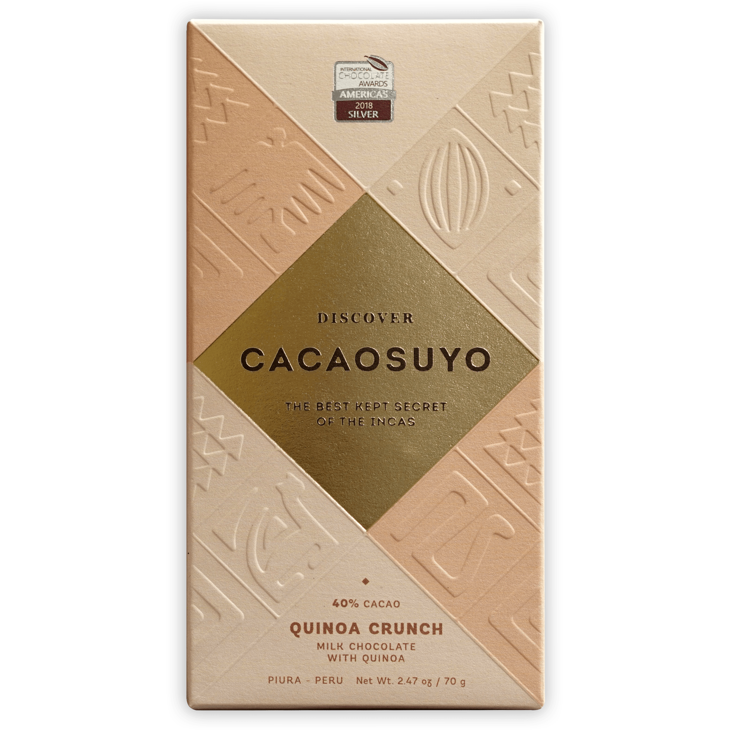 Cacaosuyo Milk Quinoa Crunch 40% bar with beige gold wrapper