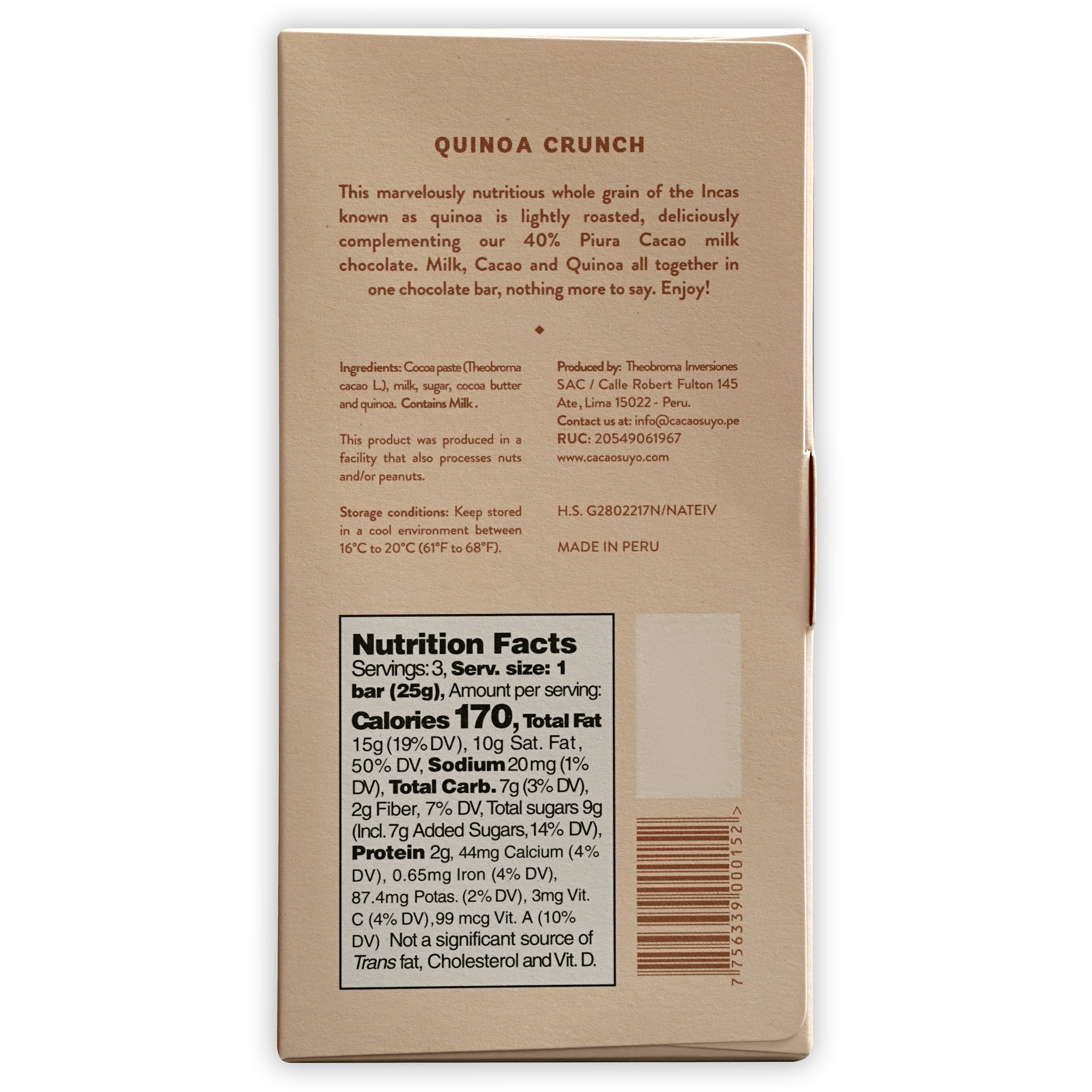 Back of Cacaosuyo Milk Quinoa Crunch 40% beige package with nutrition facts