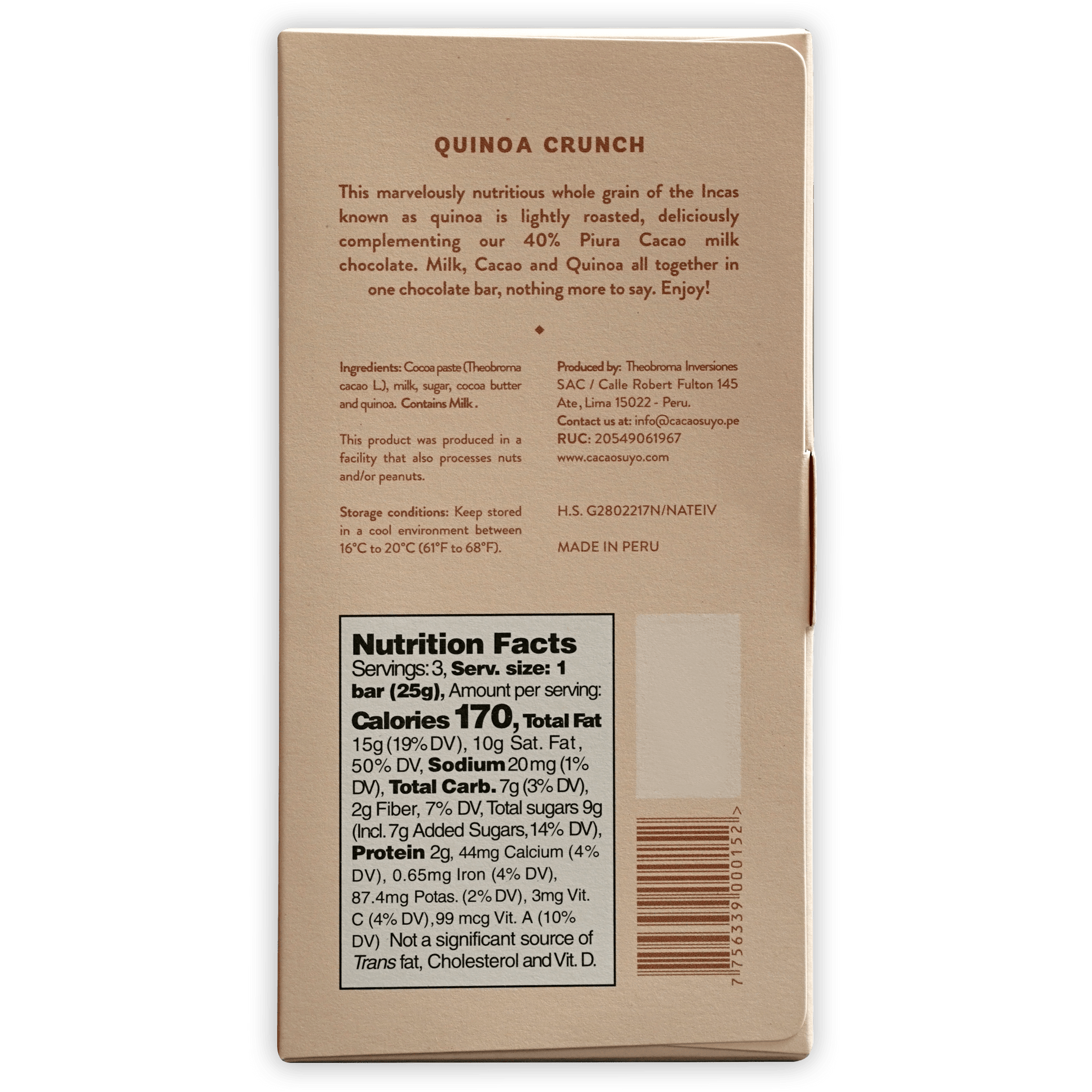 Back of Cacaosuyo Milk Quinoa Crunch 40% beige package with nutrition facts