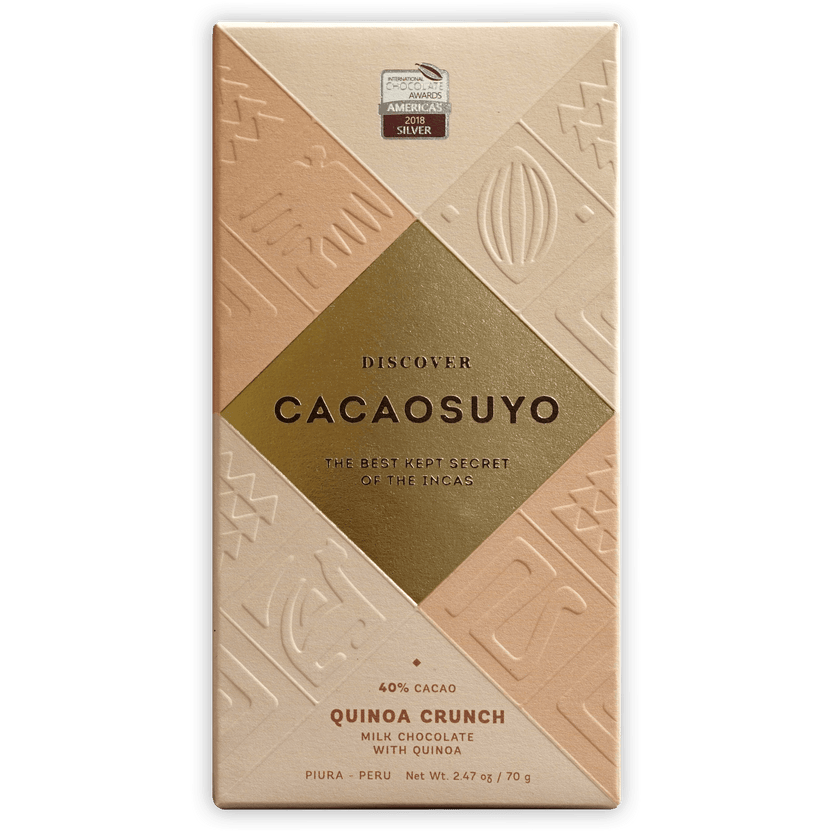Cacaosuyo Milk Quinoa Crunch 40% bar with beige gold wrapper