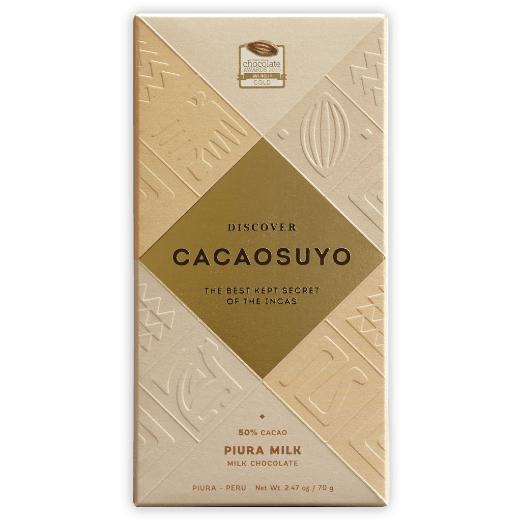 Cacaosuyo Piura Milk 50% cream chocolate bar wrapper with gold Incan designs