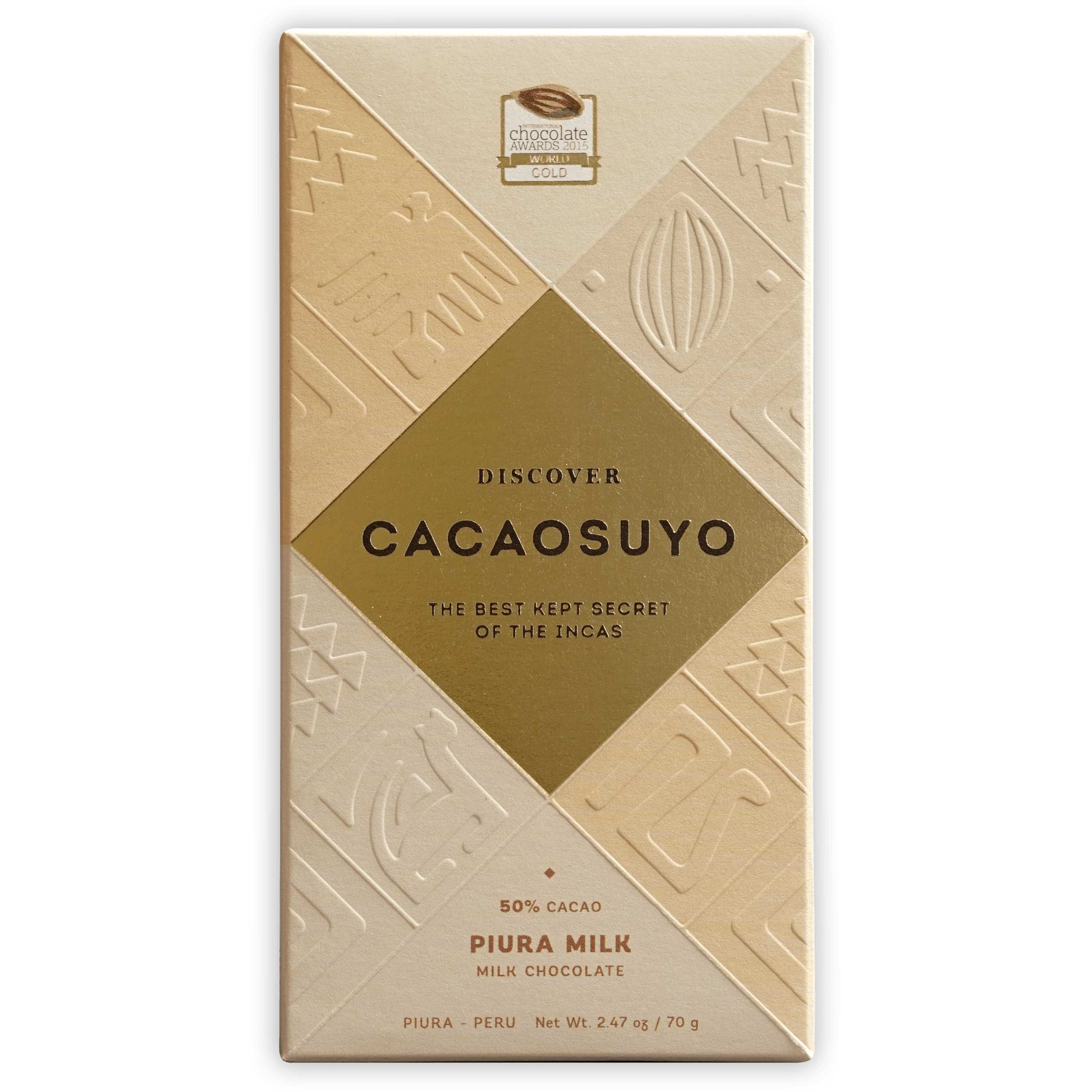 Cacaosuyo Piura Milk 50% cream chocolate bar wrapper with gold Incan designs