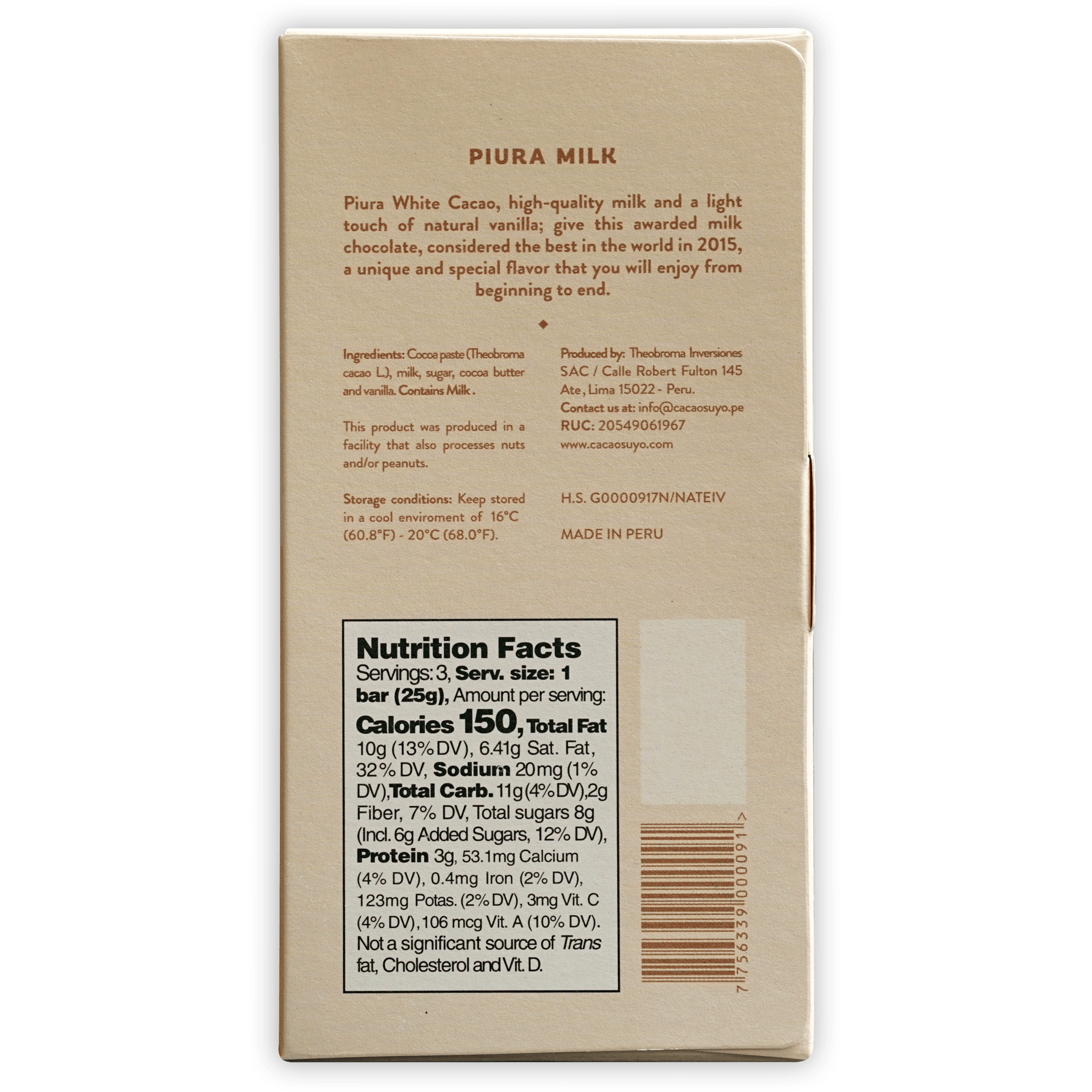 Cacaosuyo Piura Milk 50% beige wrapper with brown text and barcode