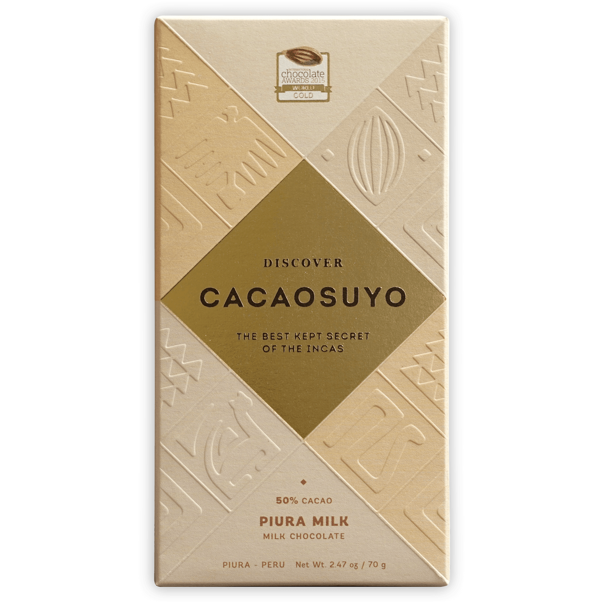 Cacaosuyo Piura Milk 50% cream chocolate bar wrapper with gold Incan designs