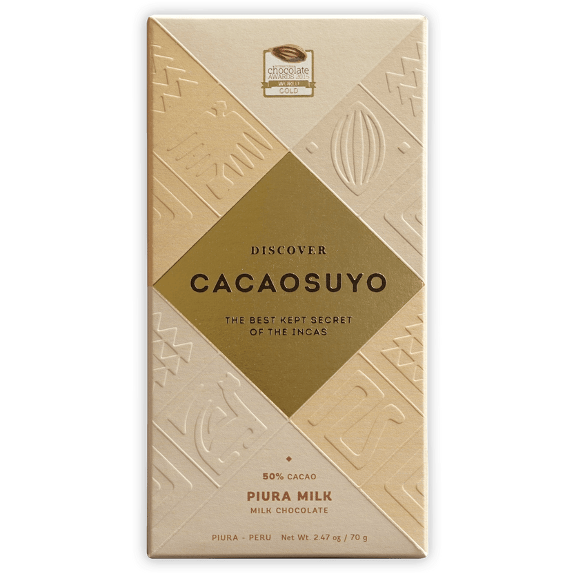 Cacaosuyo Piura Milk 50% cream chocolate bar wrapper with gold Incan designs