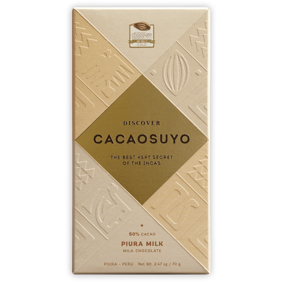 Cacaosuyo Piura Milk 50% cream chocolate bar wrapper with gold Incan designs