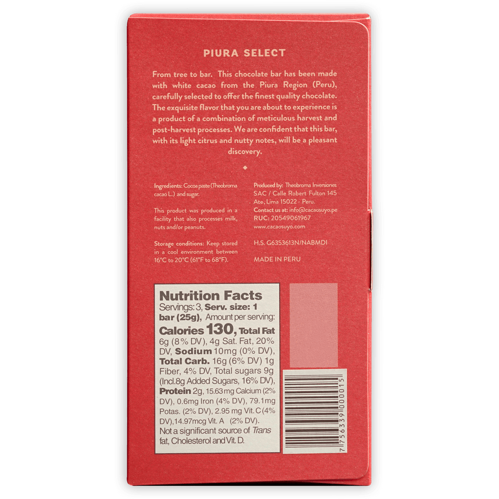 Cacaosuyo Piura Select 70% red chocolate bar box from Peru with barcode