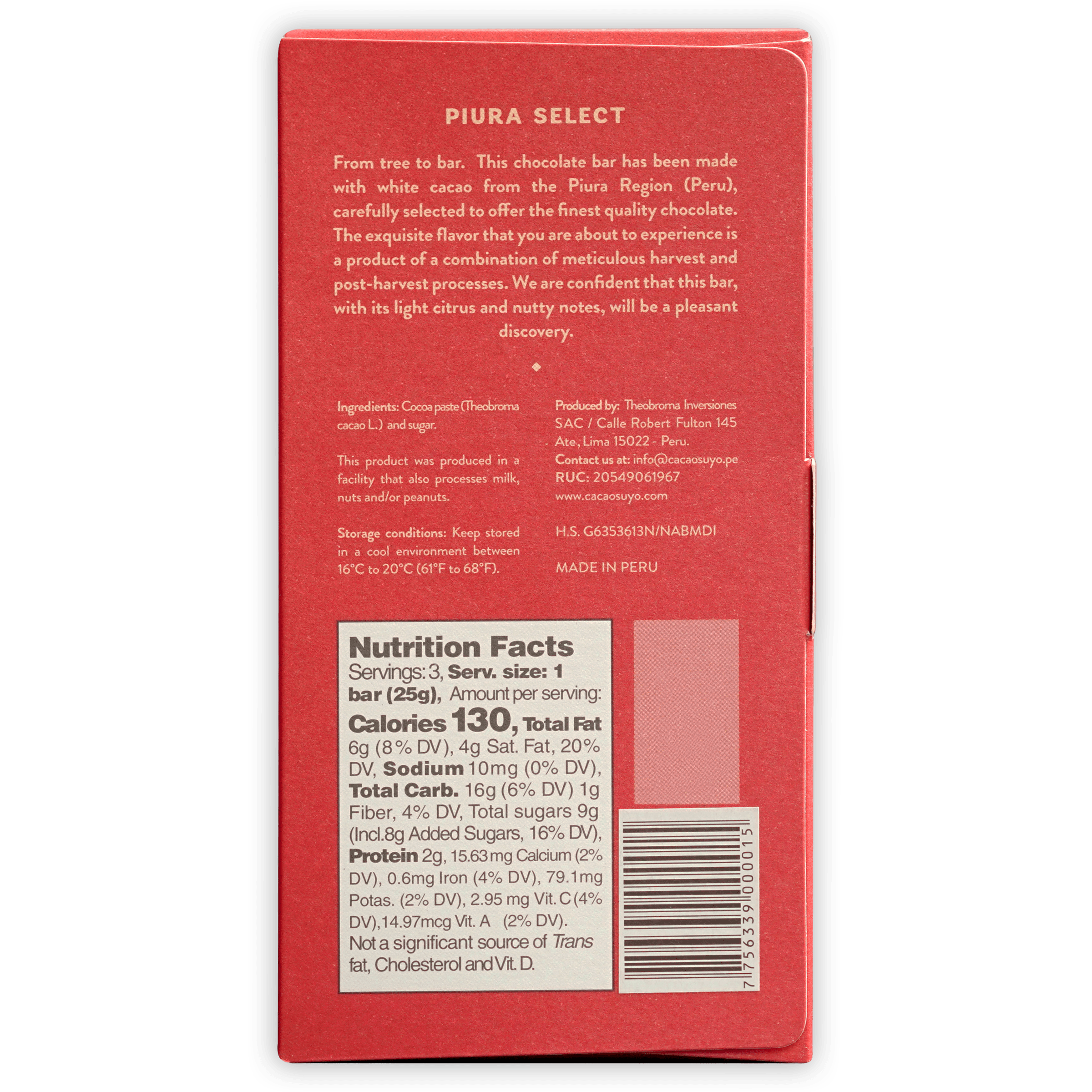 Cacaosuyo Piura Select 70% red chocolate bar box from Peru with barcode