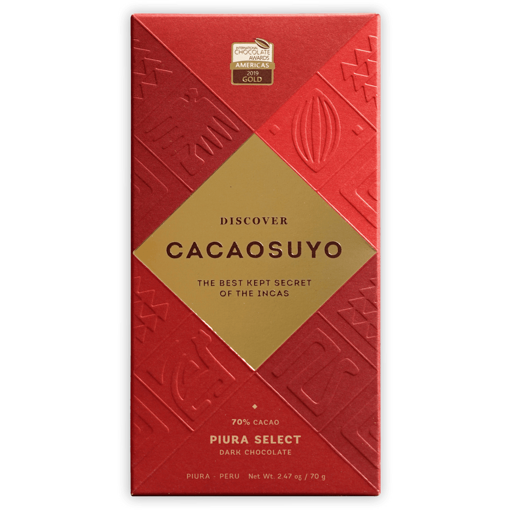 Cacaosuyo Piura Select 70% dark chocolate bar wrapper with Incan patterns