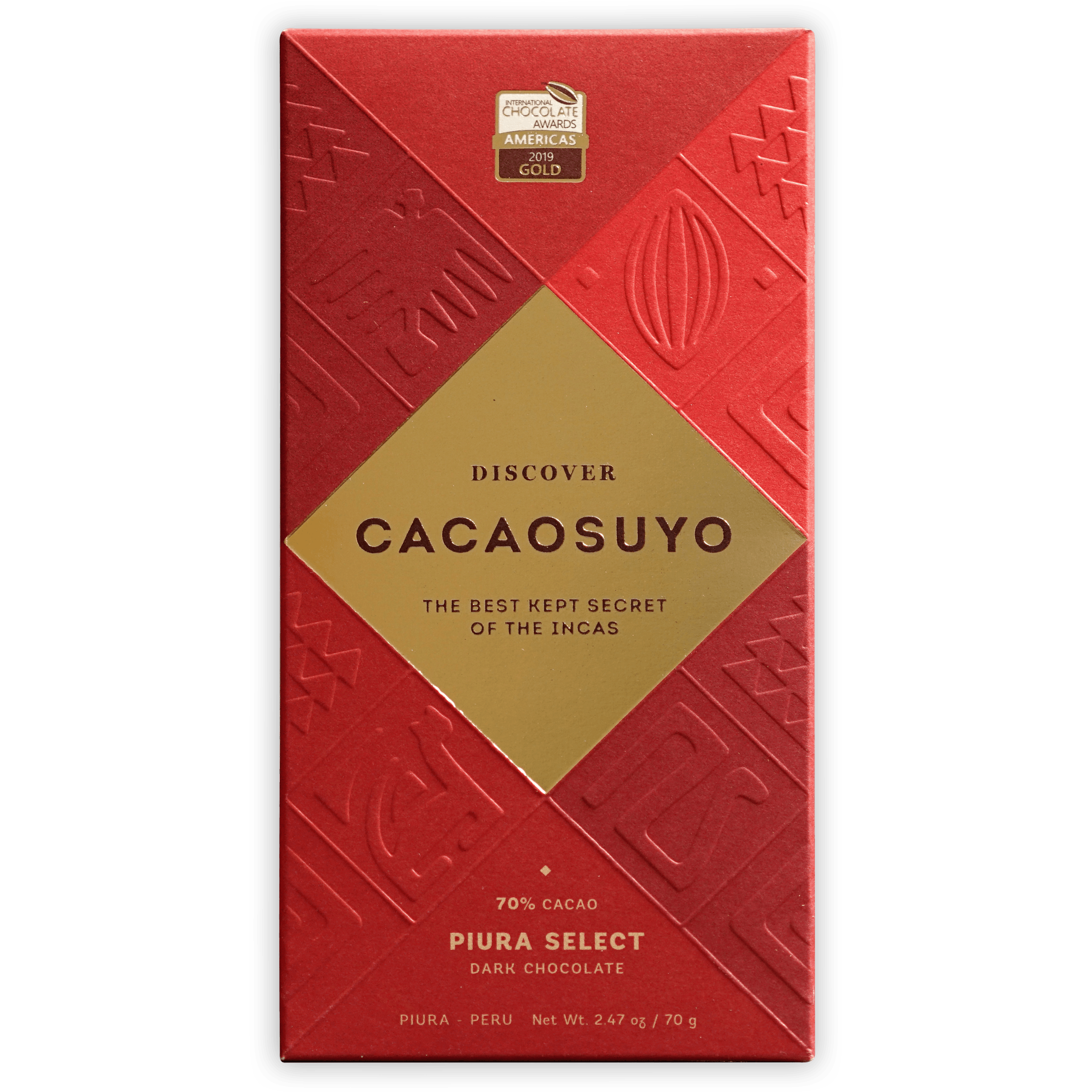 Cacaosuyo Piura Select 70% dark chocolate bar wrapper with Incan patterns