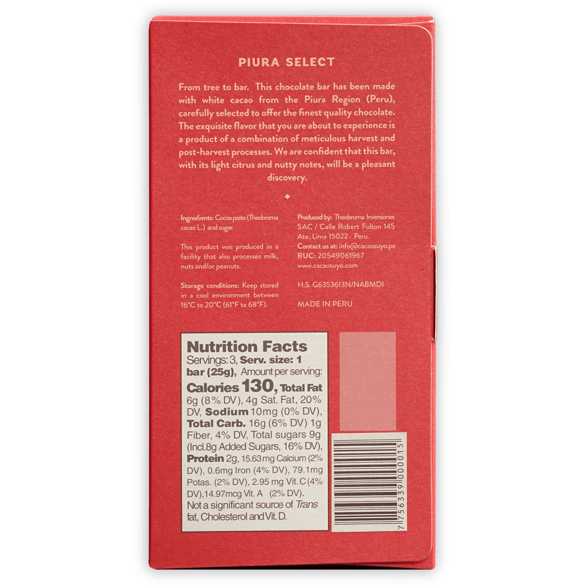 Cacaosuyo Piura Select 70% red chocolate bar box from Peru with barcode