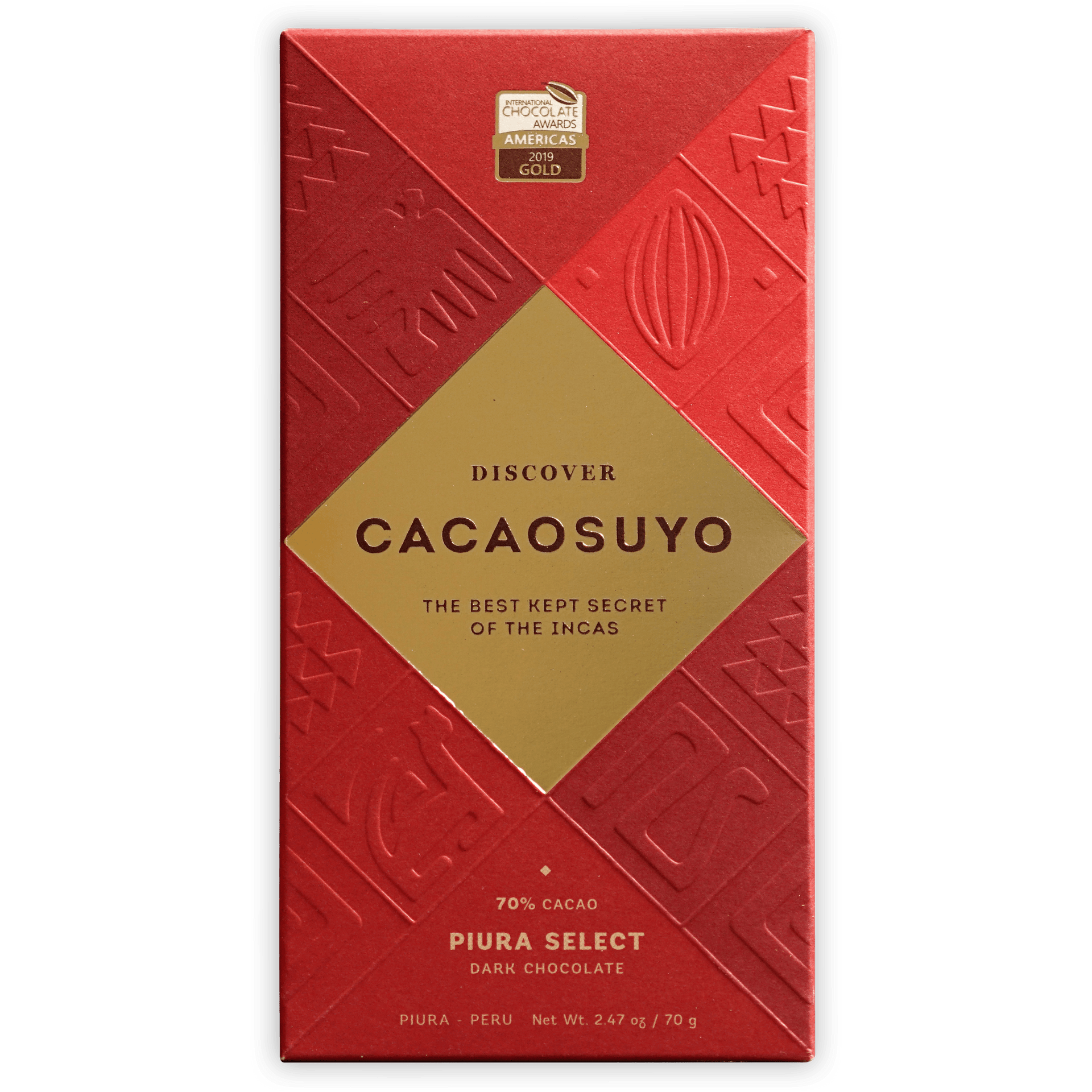 Cacaosuyo Piura Select 70% dark chocolate bar wrapper with Incan patterns