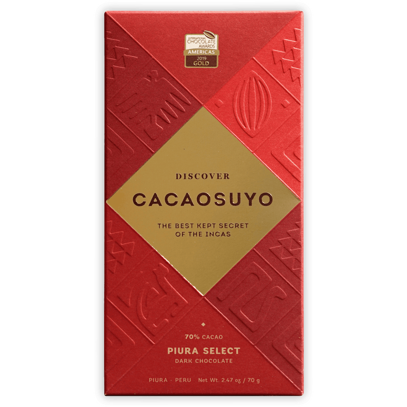 Cacaosuyo Piura Select 70% dark chocolate bar wrapper with Incan patterns