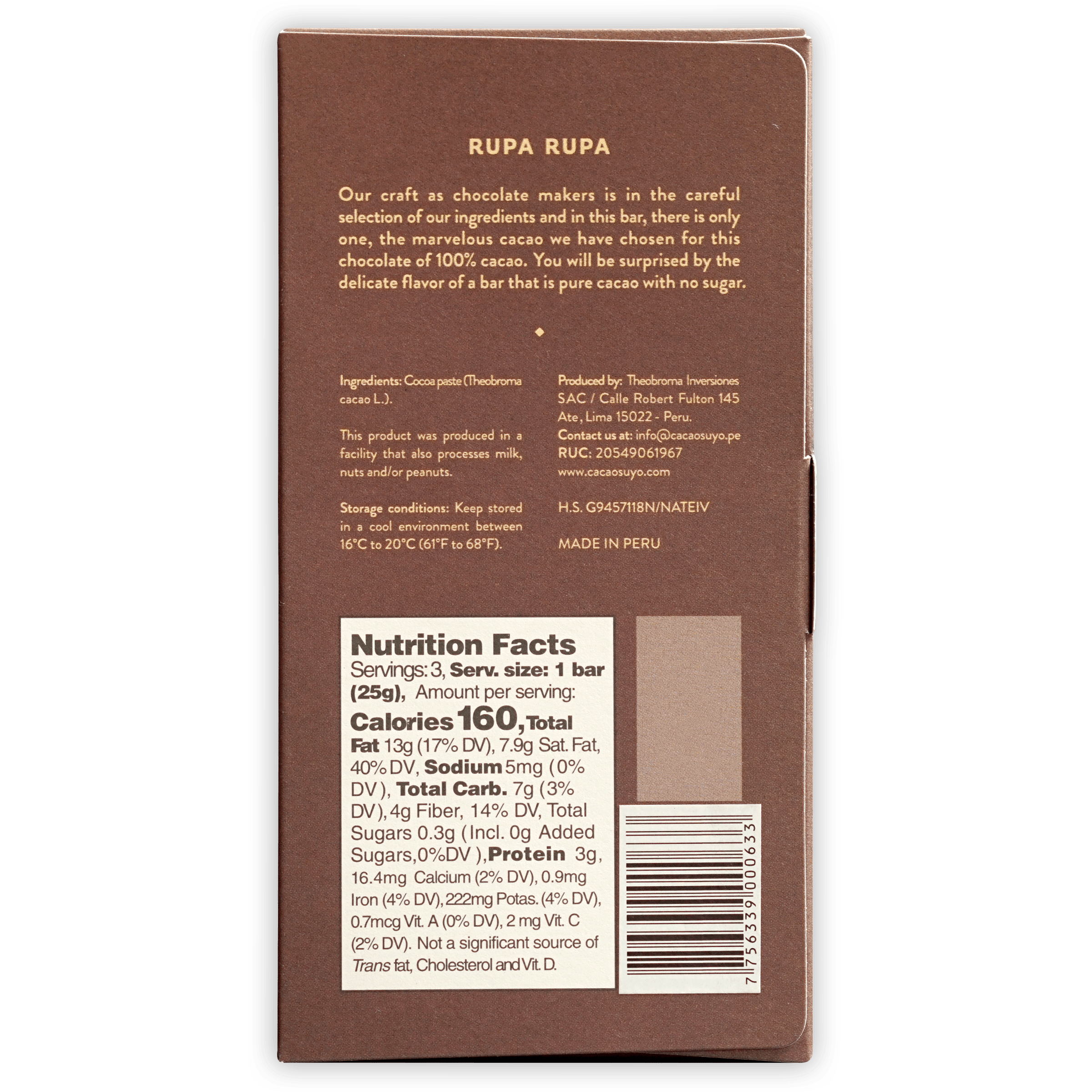 Cacaosuyo Rupa Rupa 100% brown cardboard wrapper with matte finish and white text