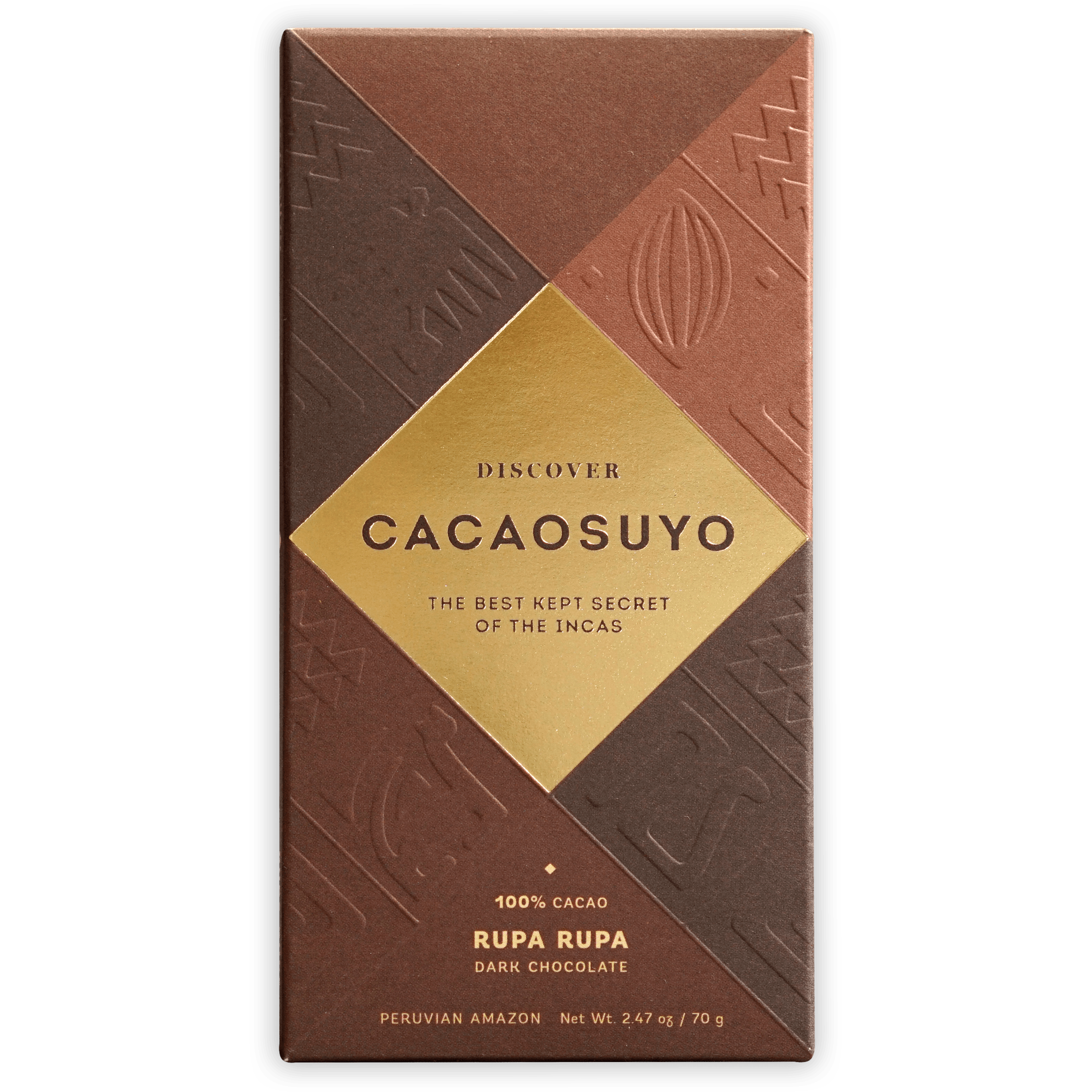 Cacaosuyo Rupa Rupa 100% chocolate bar wrapper in matte brown with gold label