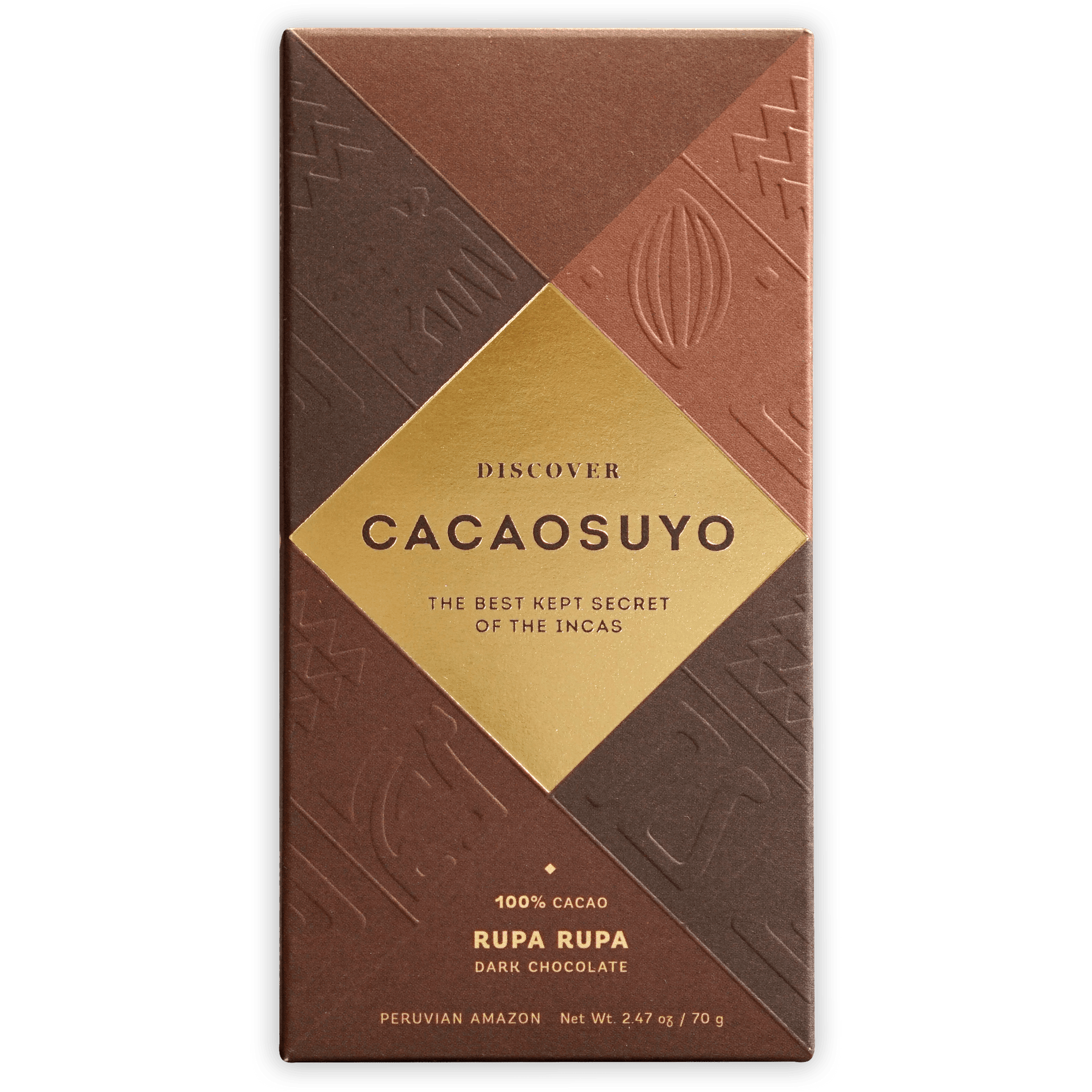 Cacaosuyo Rupa Rupa 100% chocolate bar wrapper in matte brown with gold label