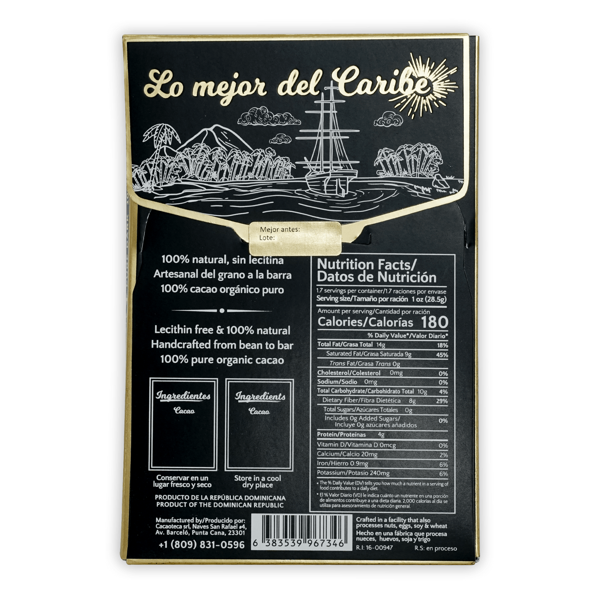 Cacaoteca Dark 100% black chocolate bar with gold foil and tropical design