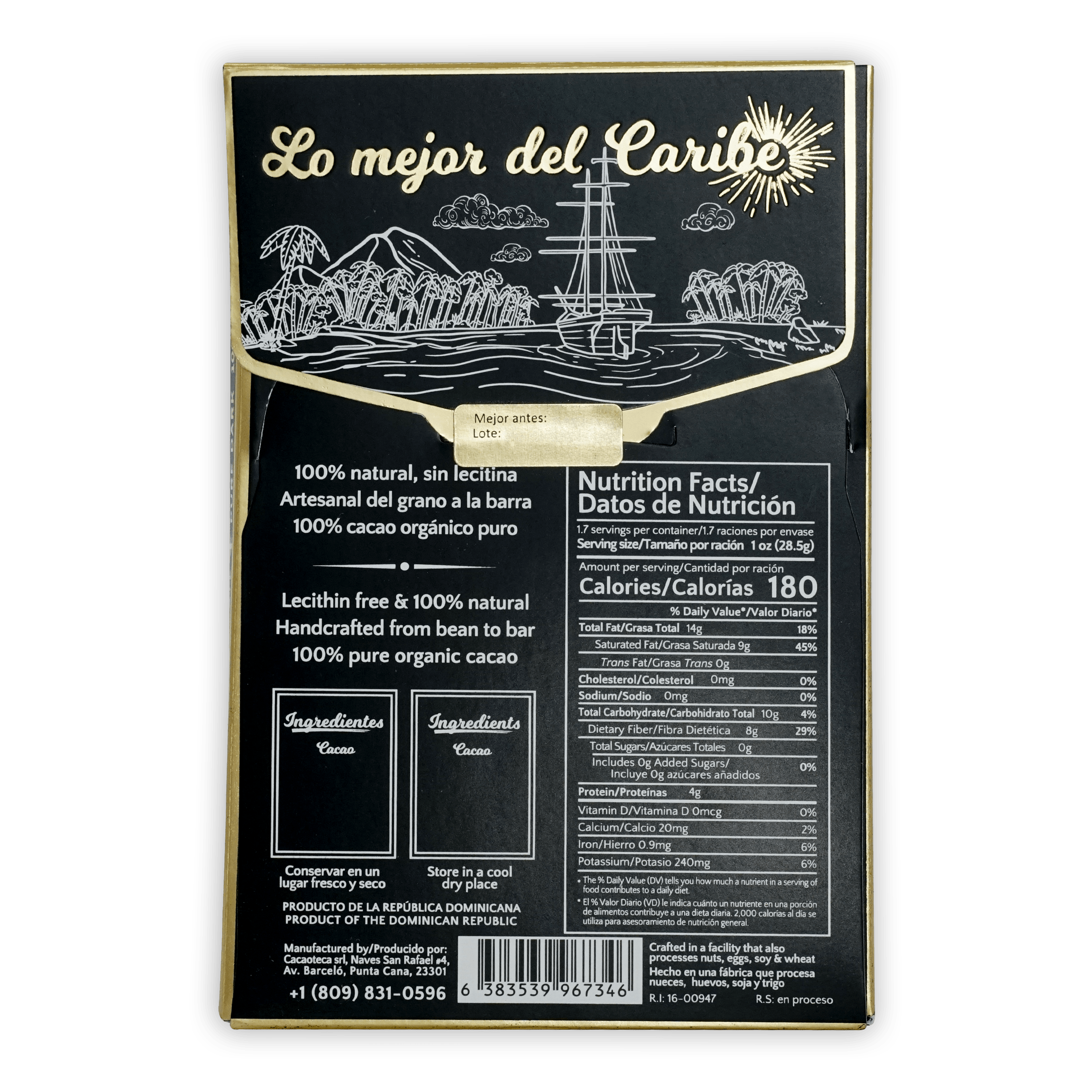 Cacaoteca Dark 100% black chocolate bar with gold foil and tropical design