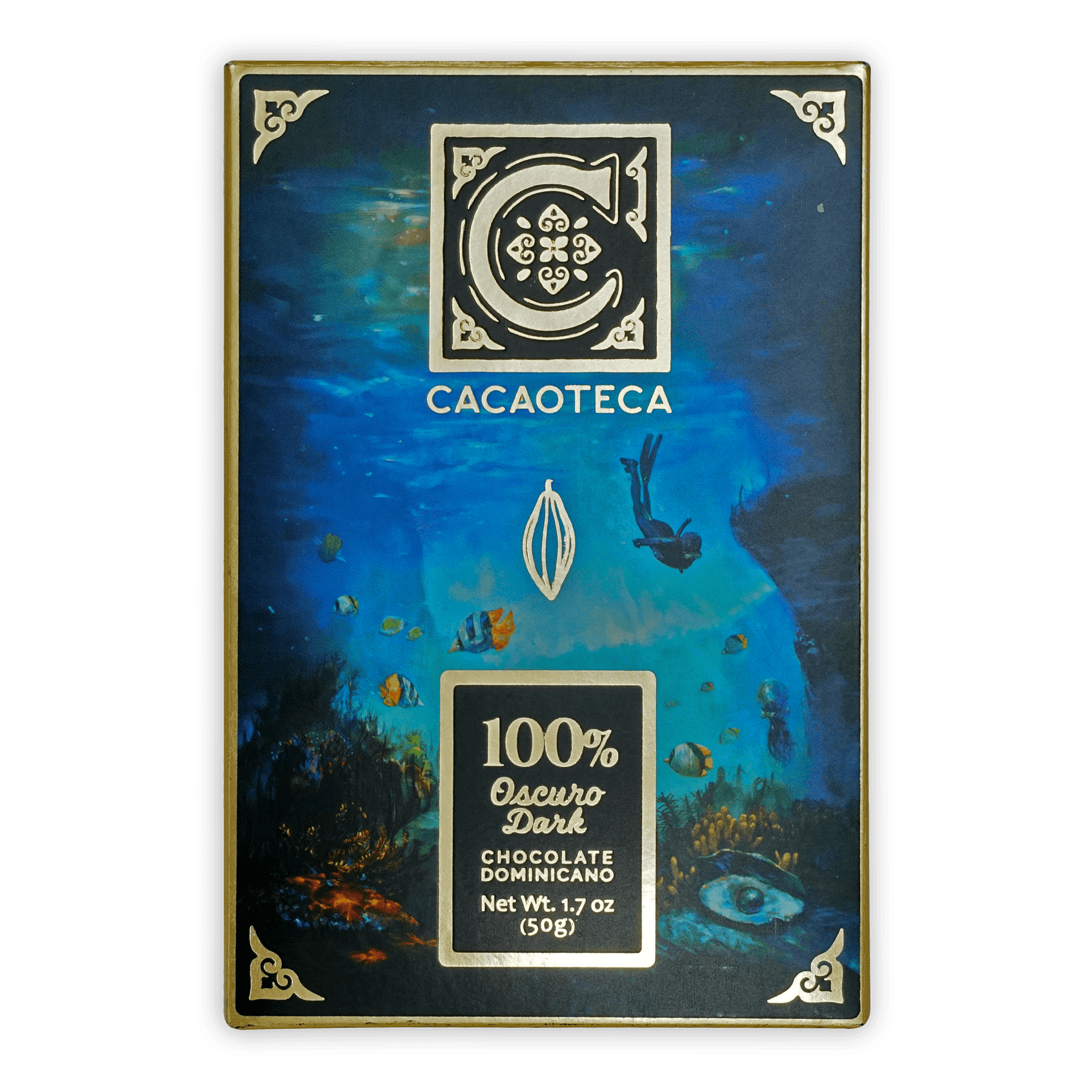 Cacaoteca Dark 100% chocolate bar in ocean-themed blue packaging
