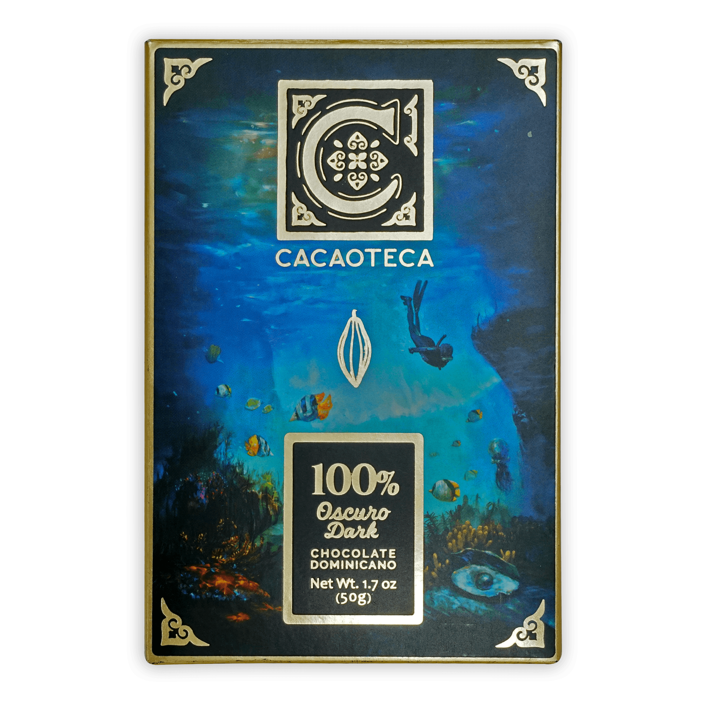 Cacaoteca Dark 100% chocolate bar in ocean-themed blue packaging