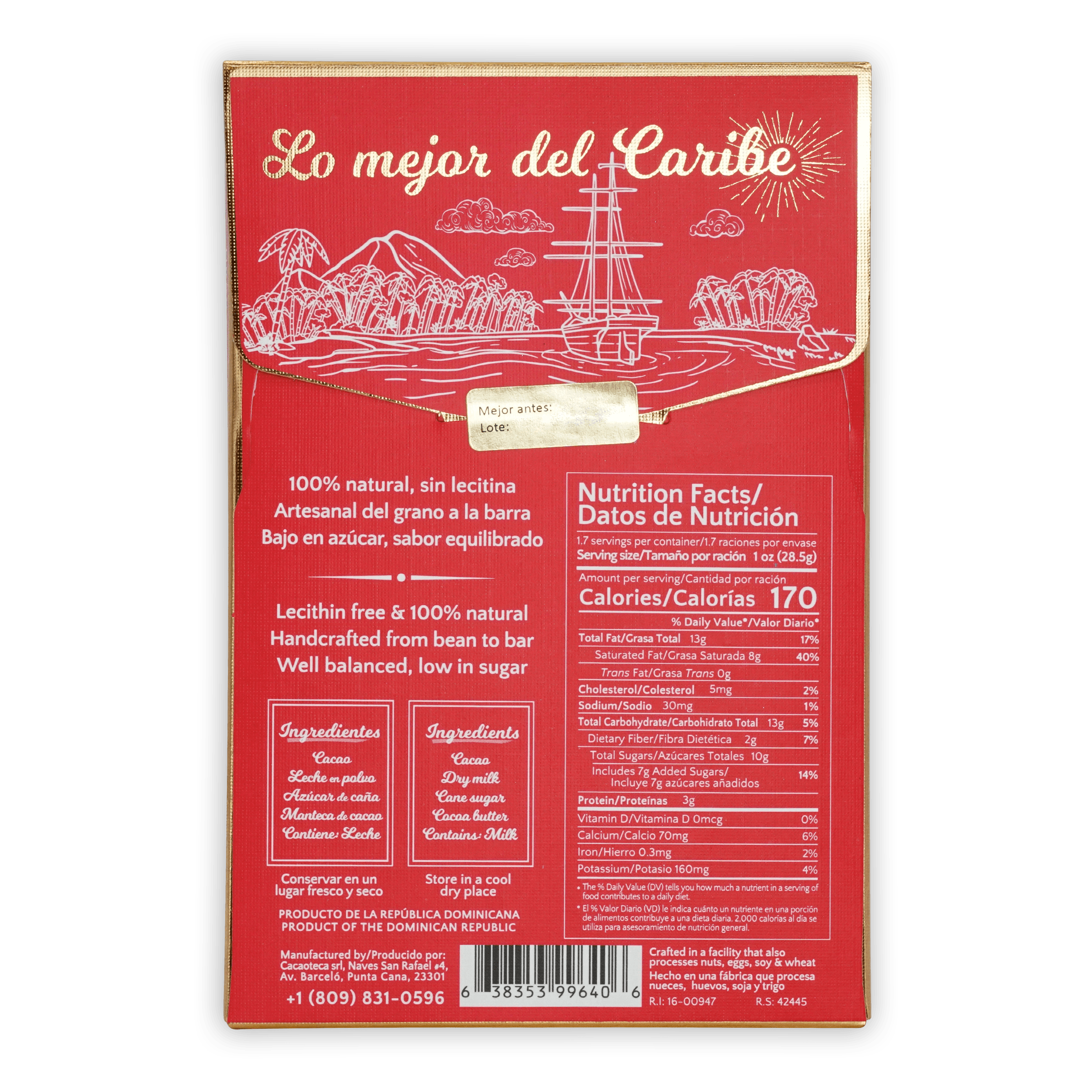 Cacaoteca Dark Milky 51% red wrapper with Lo Mejor del Caribe Caribbean scene