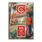 Cacaoteca Dark Milky 51% milk chocolate bar with vibrant tropical wrapper