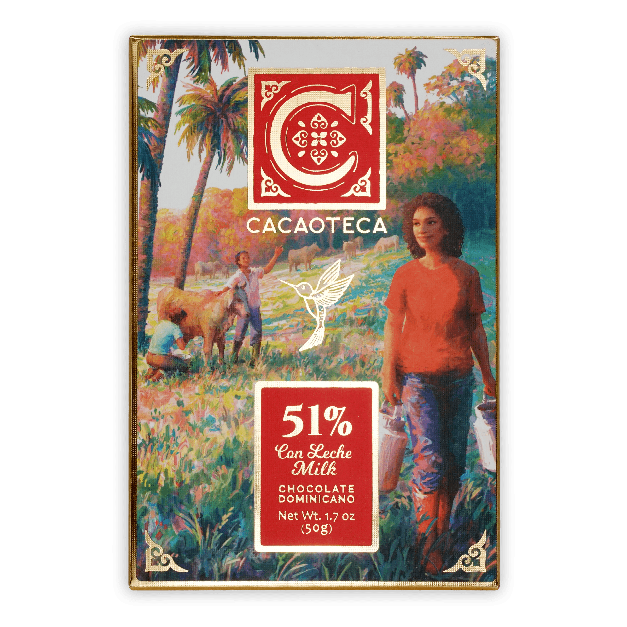 Cacaoteca Dark Milky 51% milk chocolate bar with vibrant tropical wrapper
