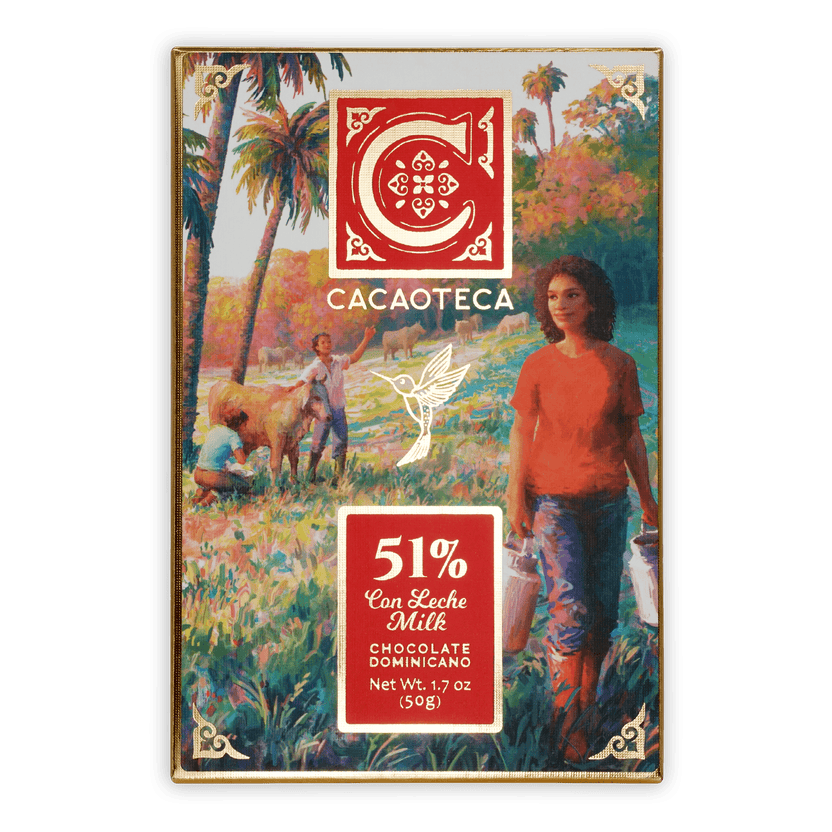 Cacaoteca Dark Milky 51% milk chocolate bar with vibrant tropical wrapper