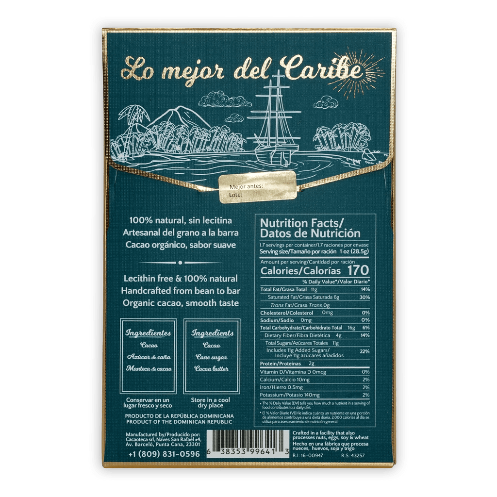 Cacaoteca 63% dark chocolate bar with teal pack, gold trim, Caribbean ship art