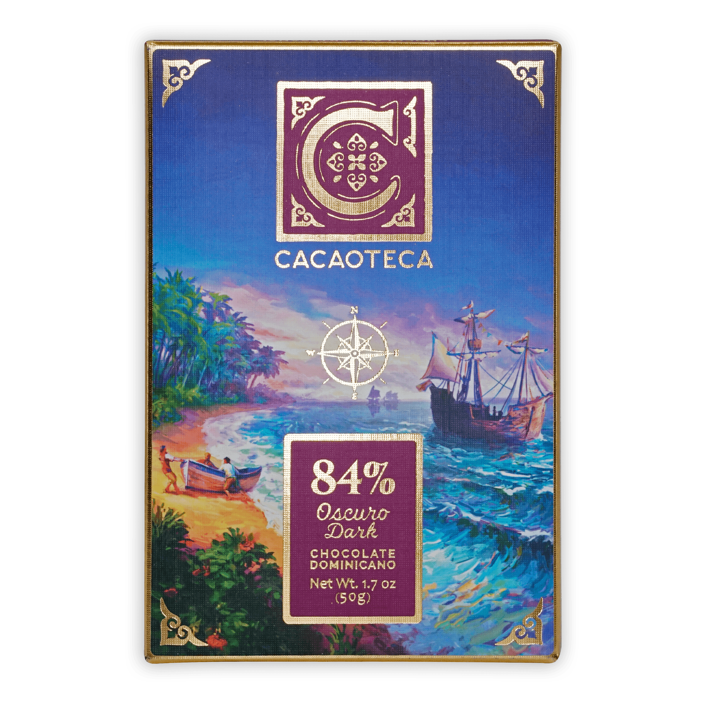 Cacaoteca Dark El Arca 84% dark chocolate bar in blue purple tropical beach wrapper