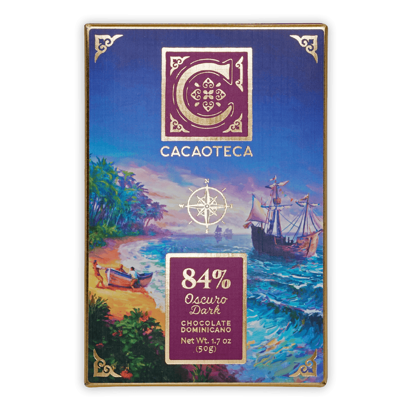 Cacaoteca Dark El Arca 84% dark chocolate bar in blue purple tropical beach wrapper