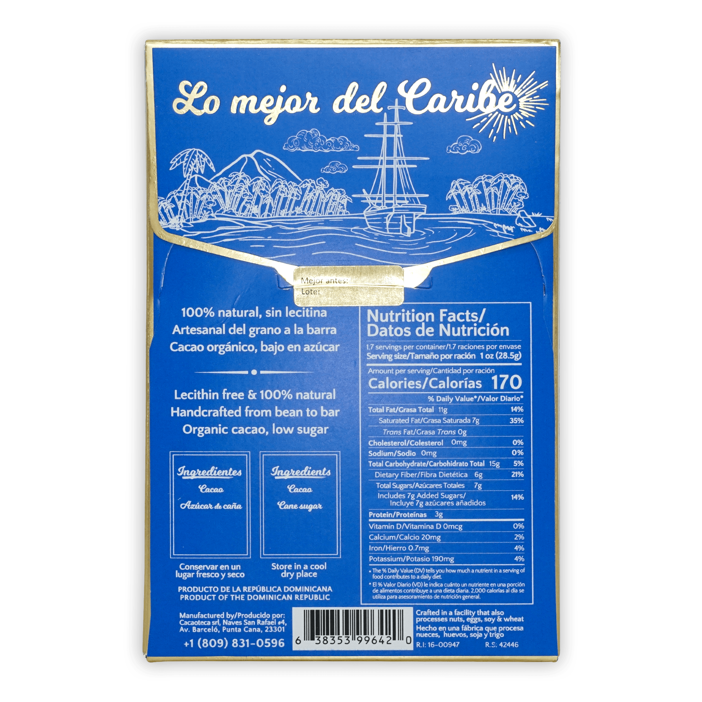 Cacaoteca Dark Intense 78% blue wrapper with Caribbean scene art