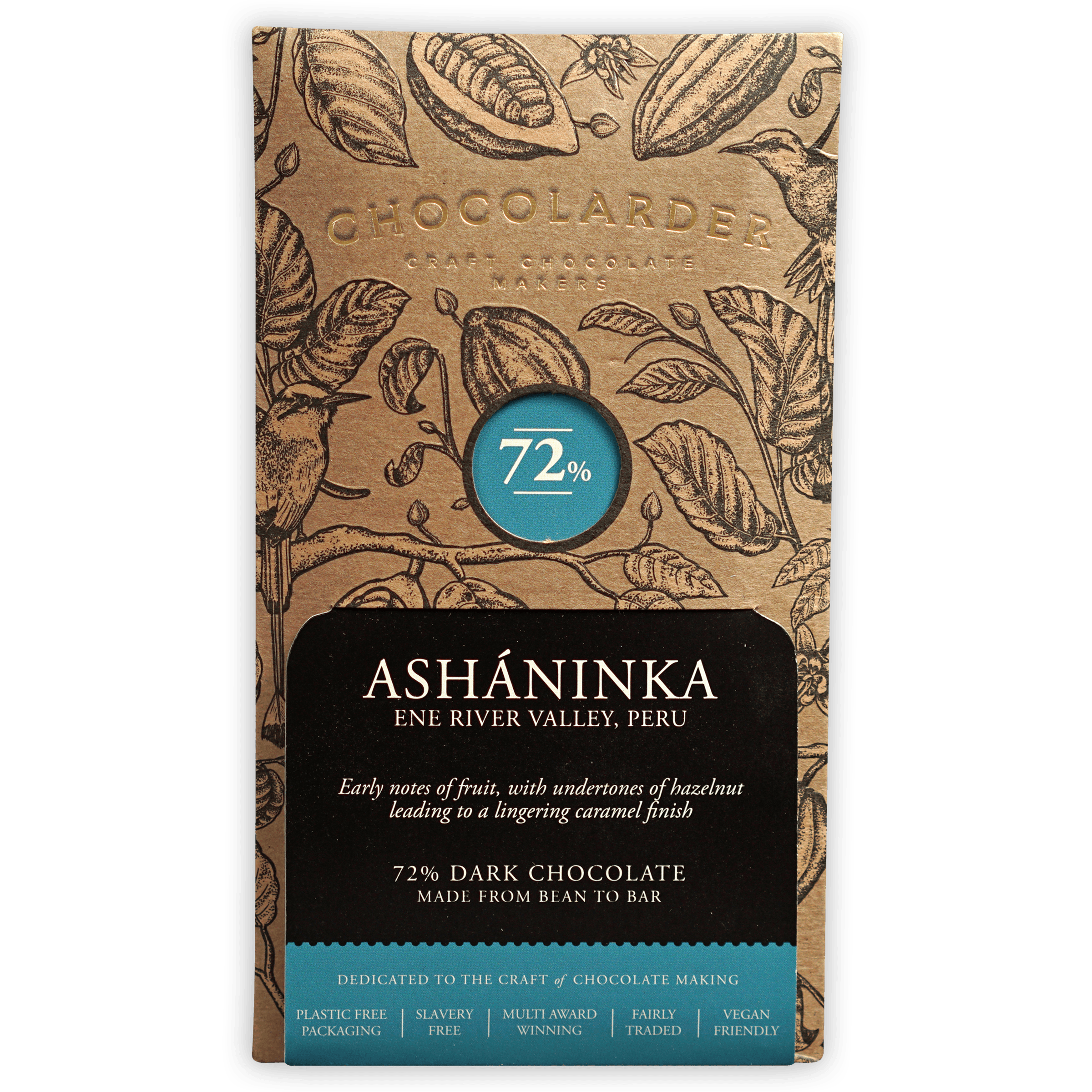 Chocolarder Ashaninka Dark 72% chocolate bar wrapper with botanical illustrations