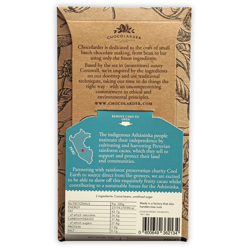 Chocolarder Ashaninka Dark 72% kraft paper back with teal Peru map panel