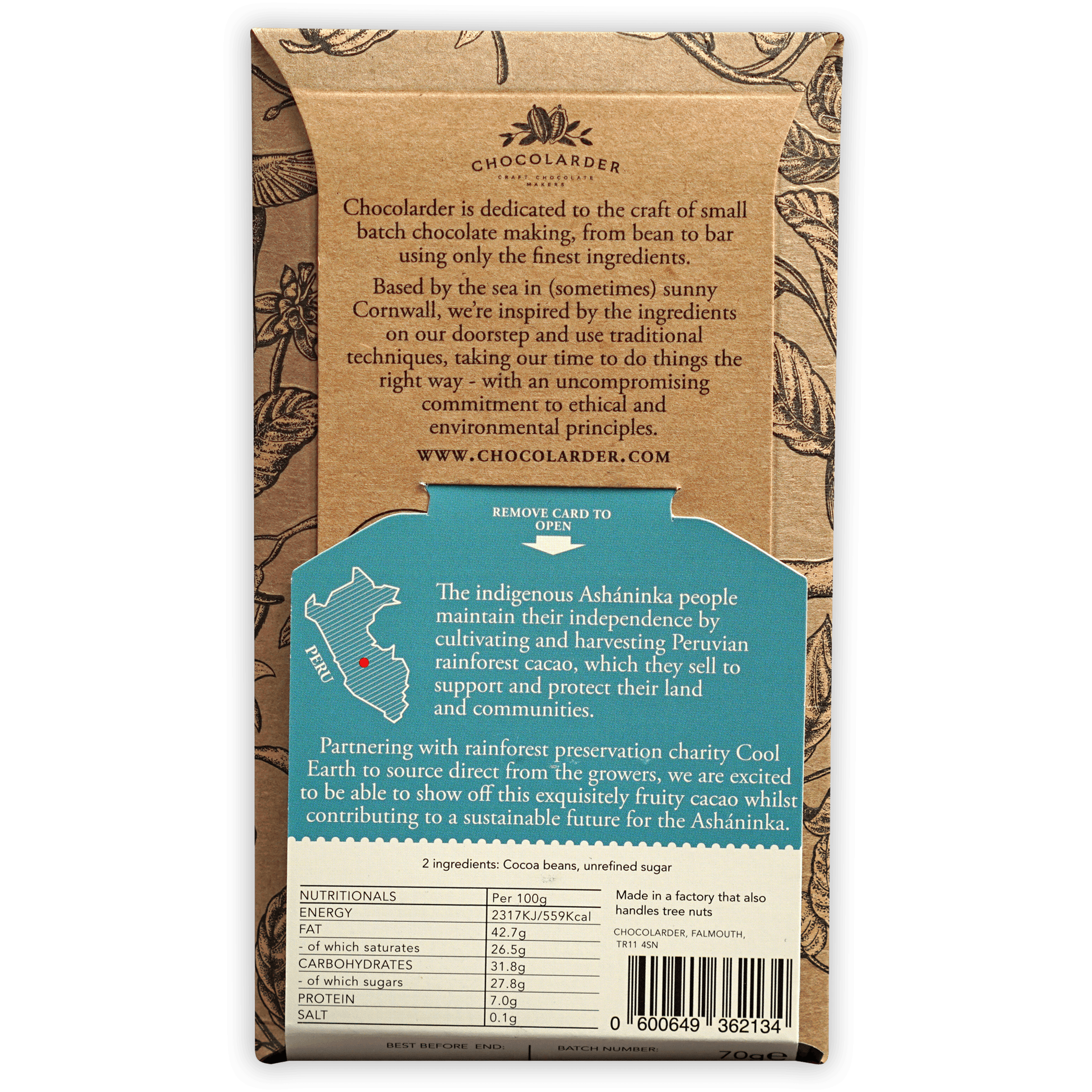 Chocolarder Ashaninka Dark 72% kraft paper back with teal Peru map panel