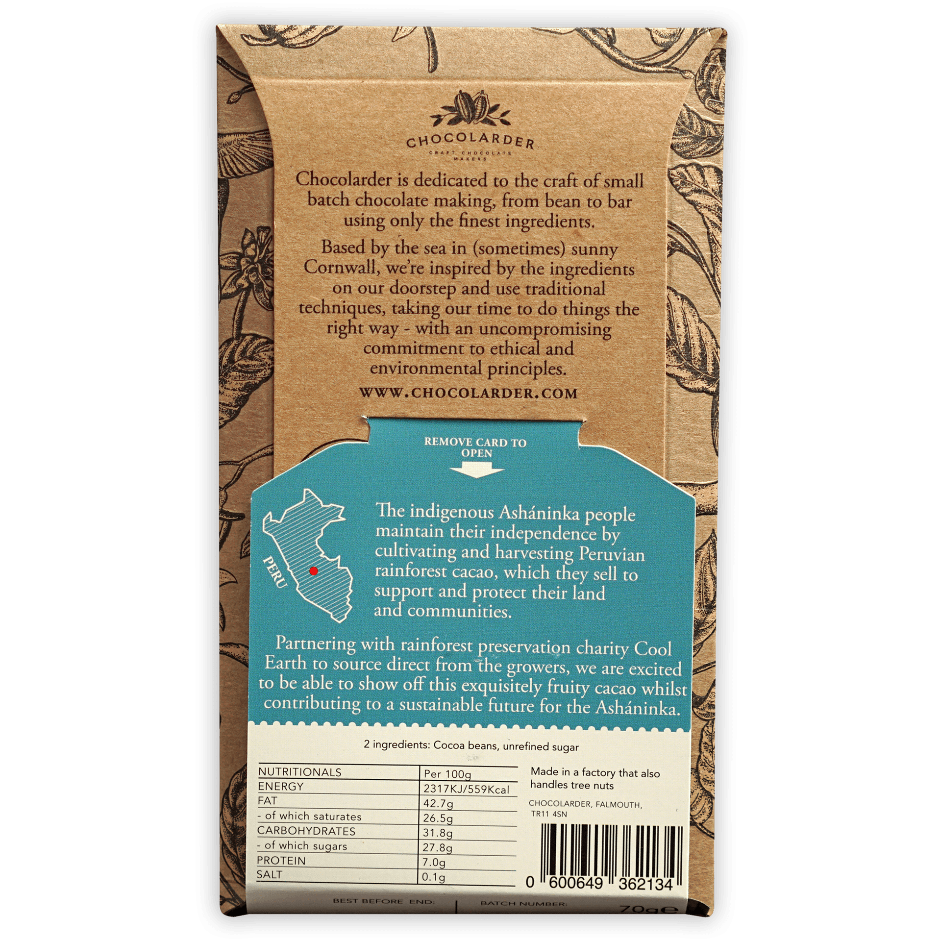 Chocolarder Ashaninka Dark 72% kraft paper back with teal Peru map panel