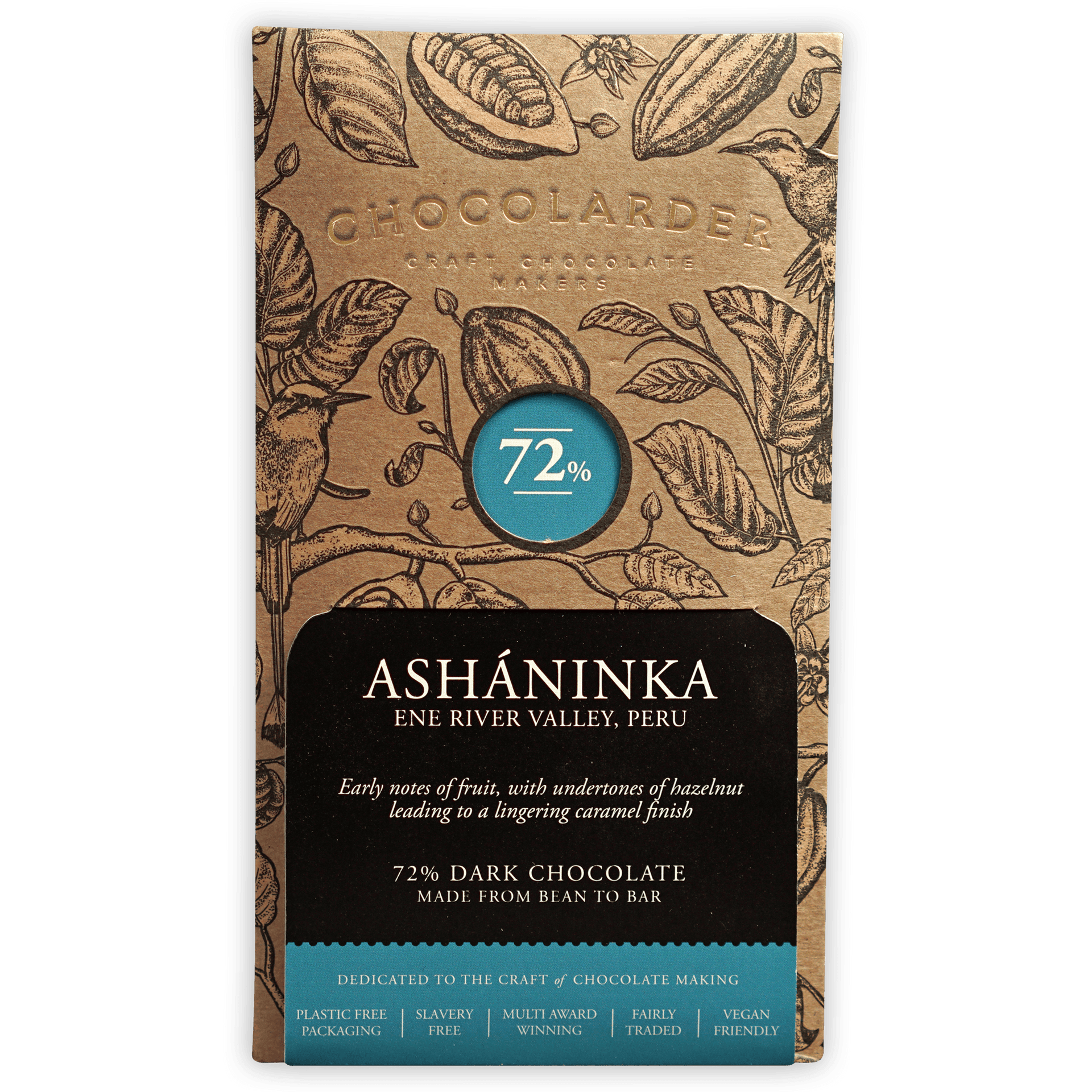 Chocolarder Ashaninka Dark 72% chocolate bar wrapper with botanical illustrations