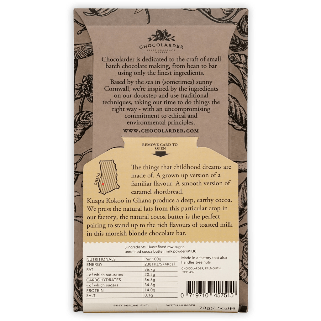 Chocolarder Caramelized Blonde White 40% bar with Ghana cocoa map wrapper
