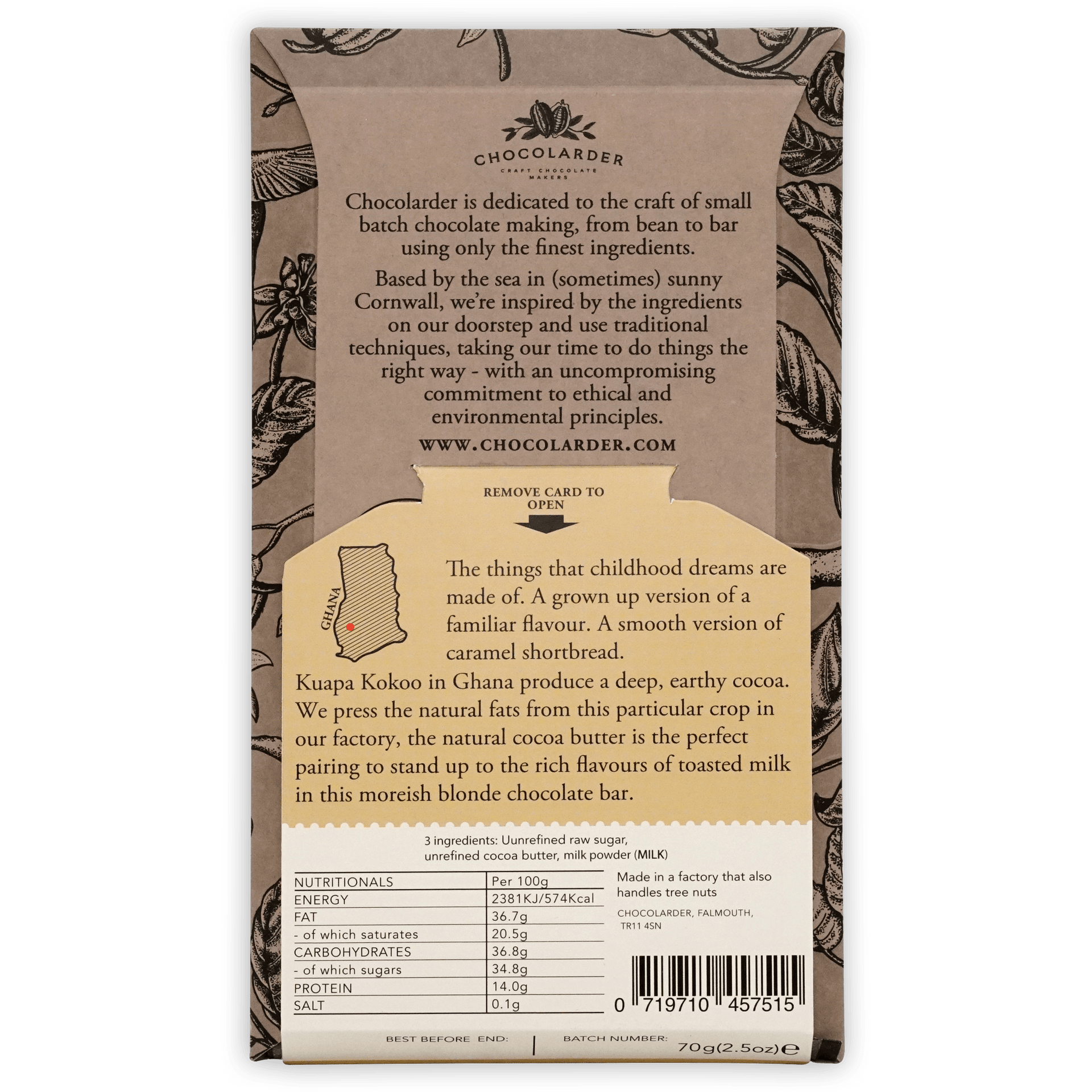 Chocolarder Caramelized Blonde White 40% bar with Ghana cocoa map wrapper