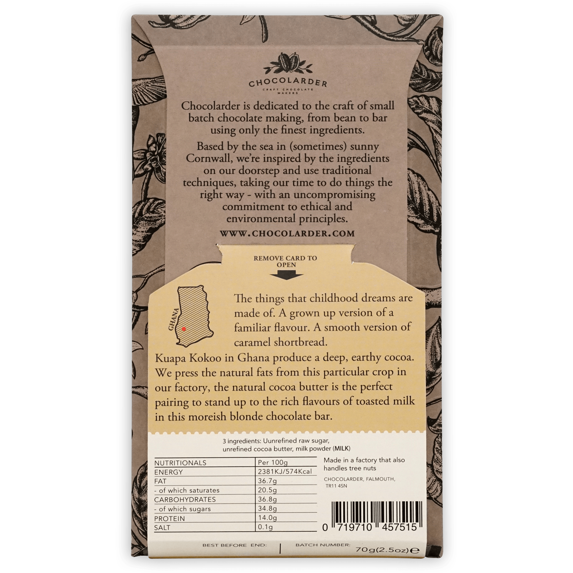 Chocolarder Caramelized Blonde White 40% bar with Ghana cocoa map wrapper