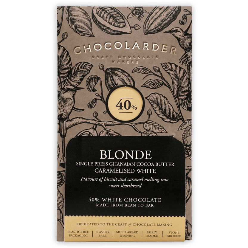 Chocolarder Caramelized Blonde White 40% chocolate bar wrapper