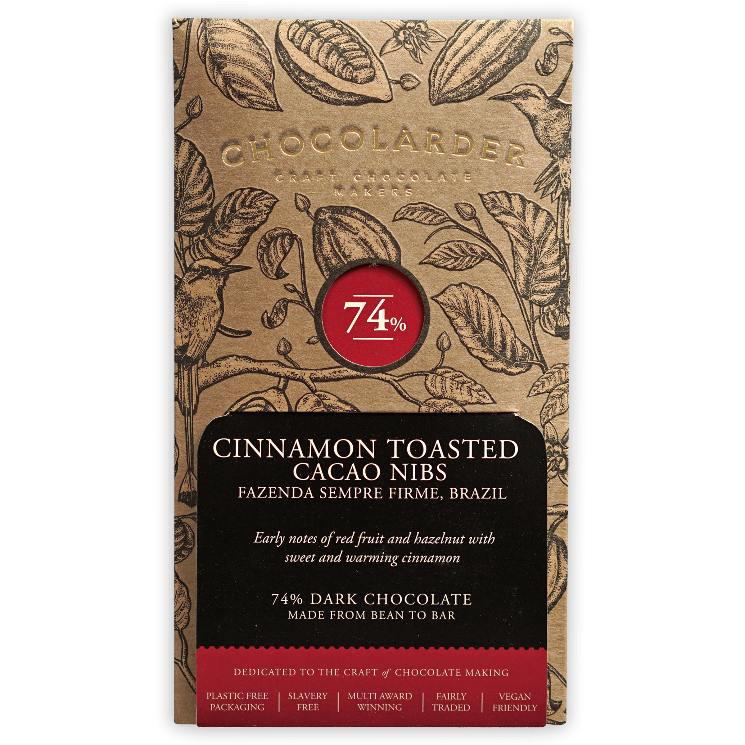 Chocolarder Cinnamon Toasted Cacao Nibs 74% gold wrapper with botanical design