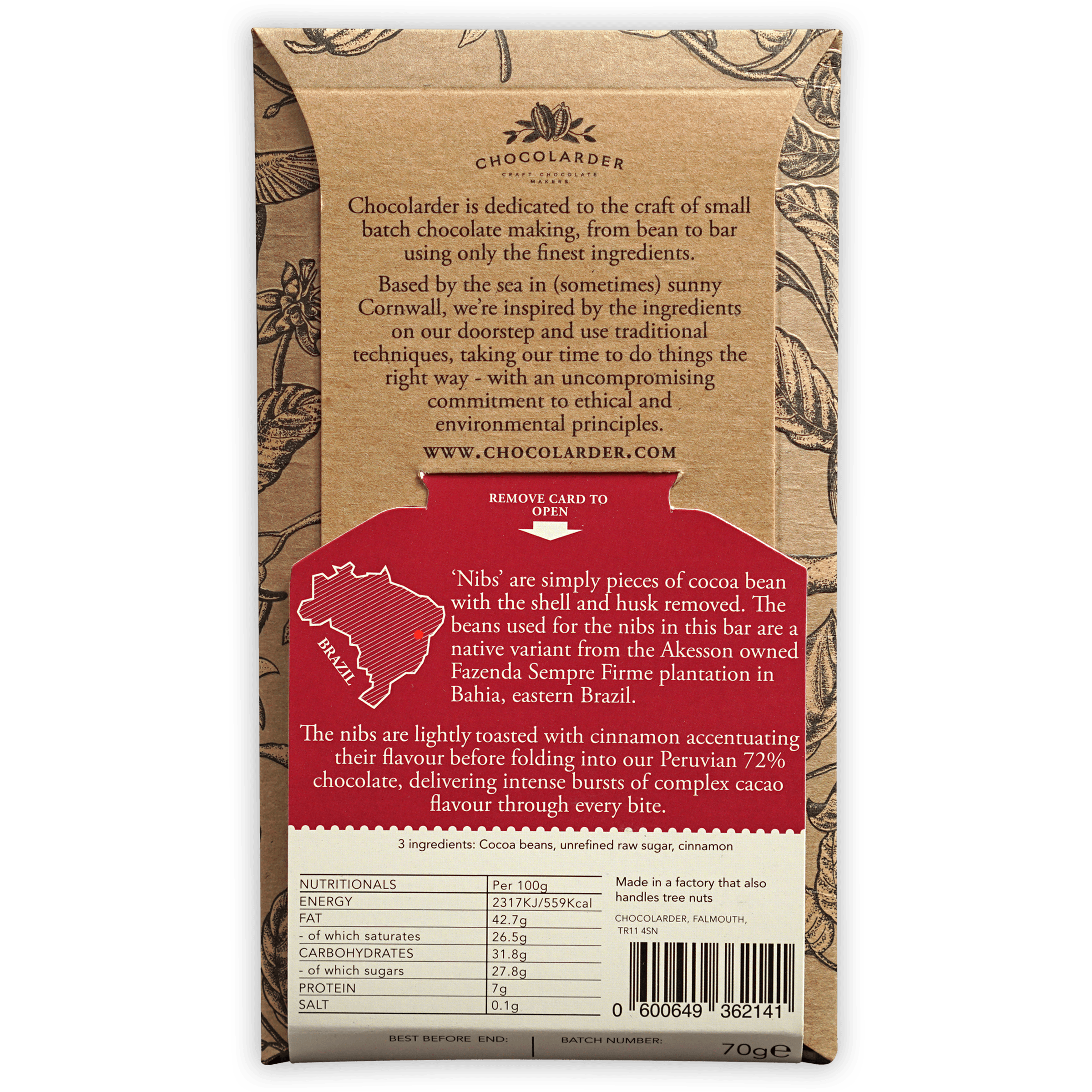 Chocolarder Cinnamon Toasted Cacao Nibs 74% dark chocolate bar with Brazilian origin label