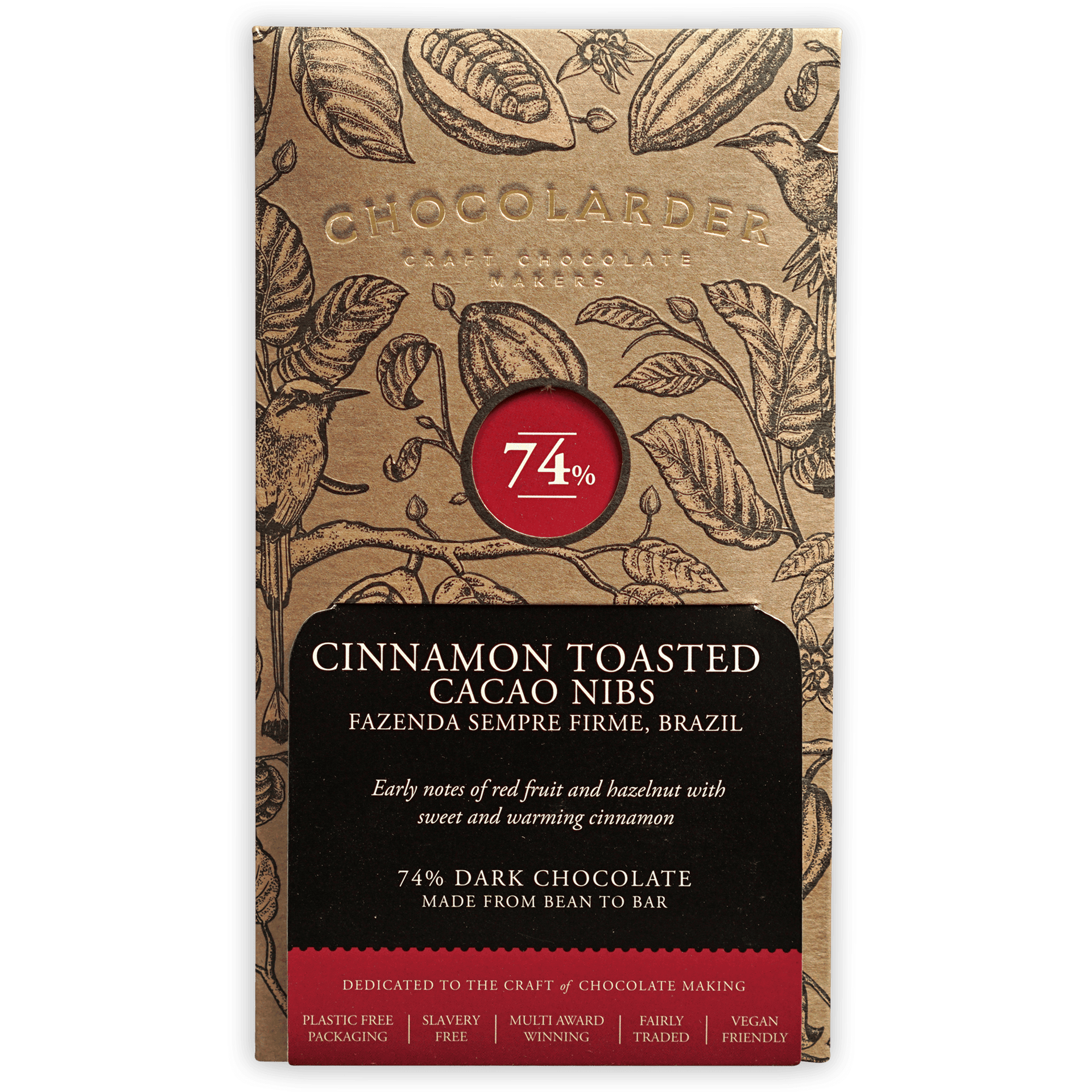 Chocolarder Cinnamon Toasted Cacao Nibs 74% gold wrapper with botanical design