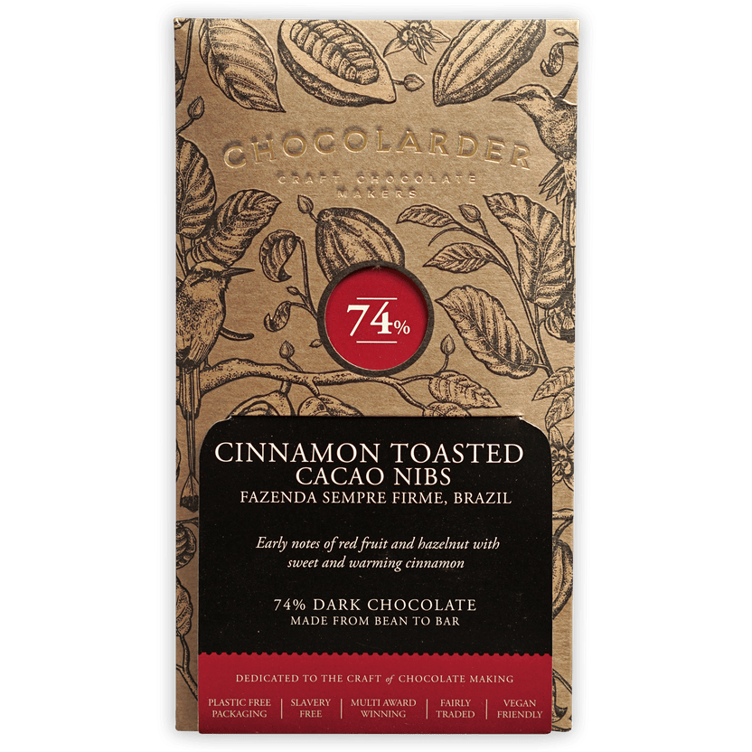 Chocolarder Cinnamon Toasted Cacao Nibs 74% gold wrapper with botanical design