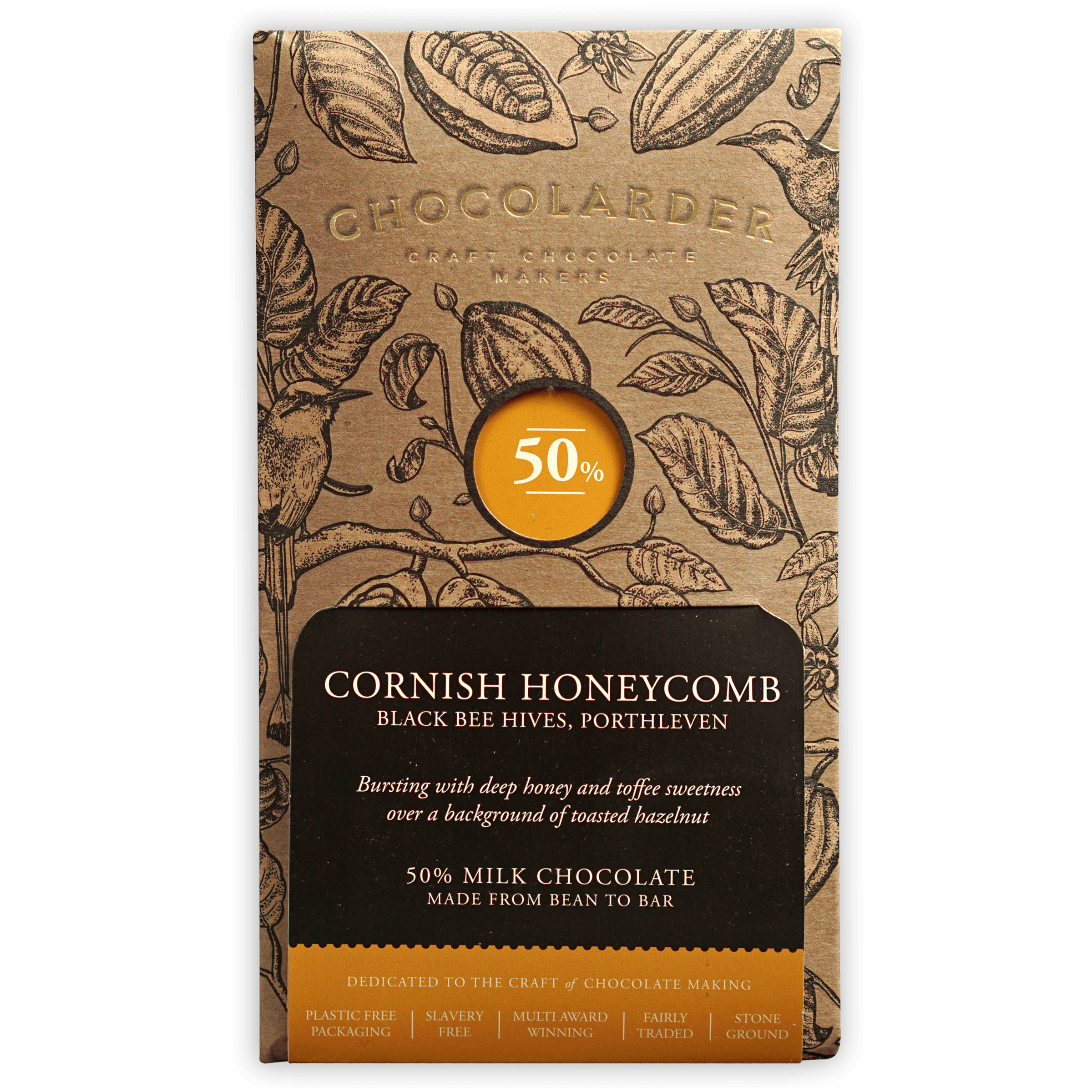 Chocolarder Cornish Honeycomb 50% Milk Chocolate bar wrapper