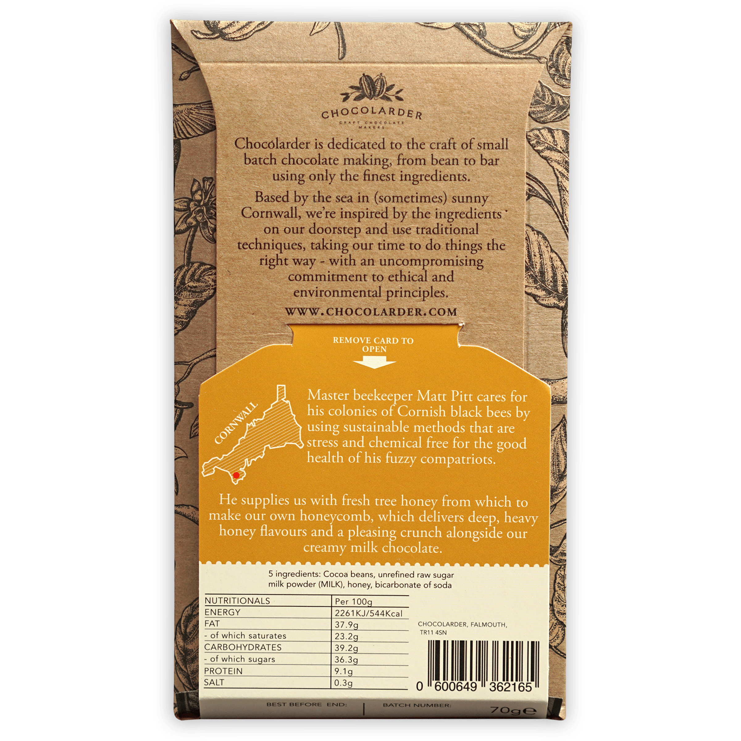 Chocolarder Cornish Honeycomb Milk 50% dark chocolate bar with Cornwall map label